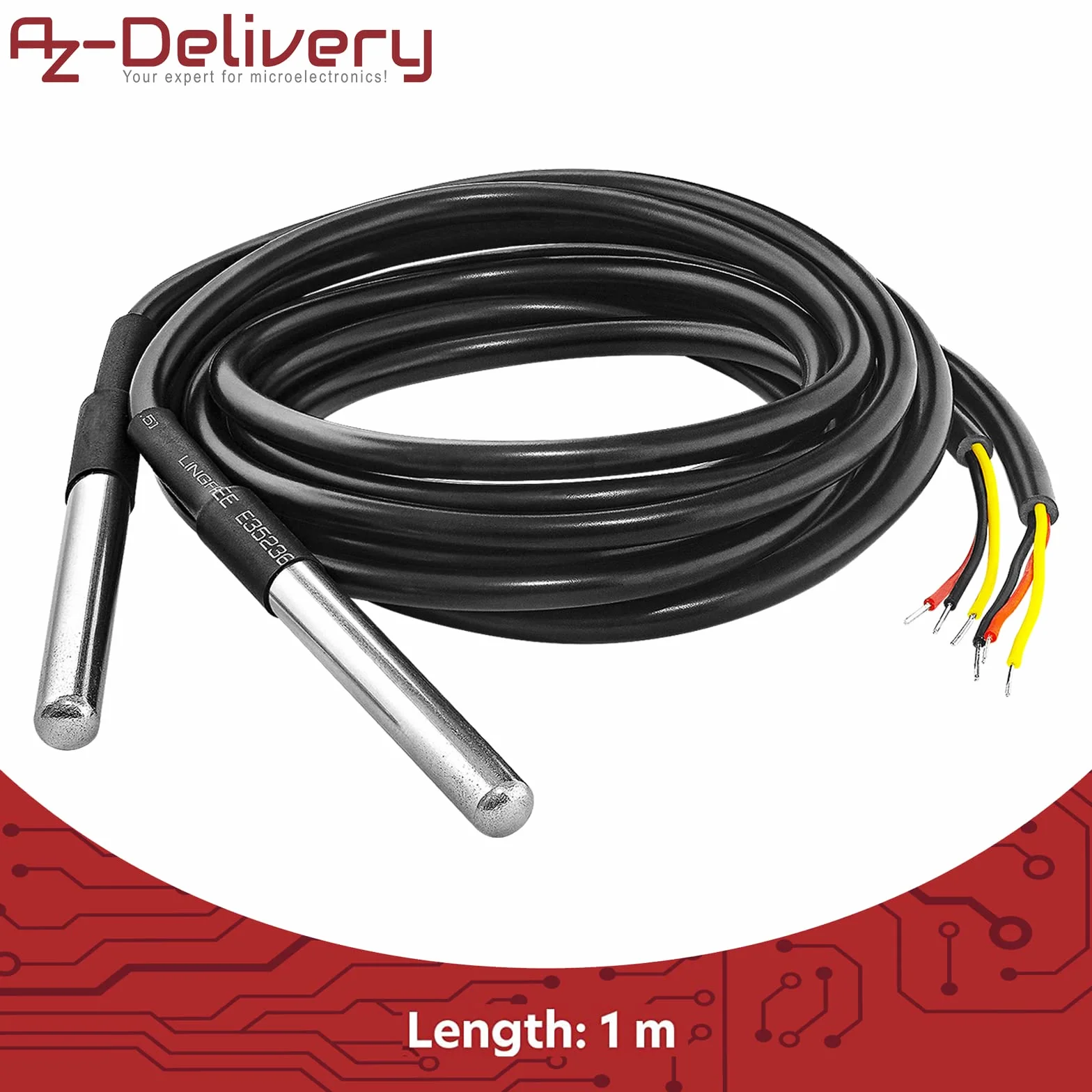 AZDelivery 5 x 1M kabel DS18B20 cyfrowy czujnik temperatury ze stali nierdzewnej sonda temperatury, wodoodporny kompatybilny z Arduino i Raspberry Pi w tym e-book!