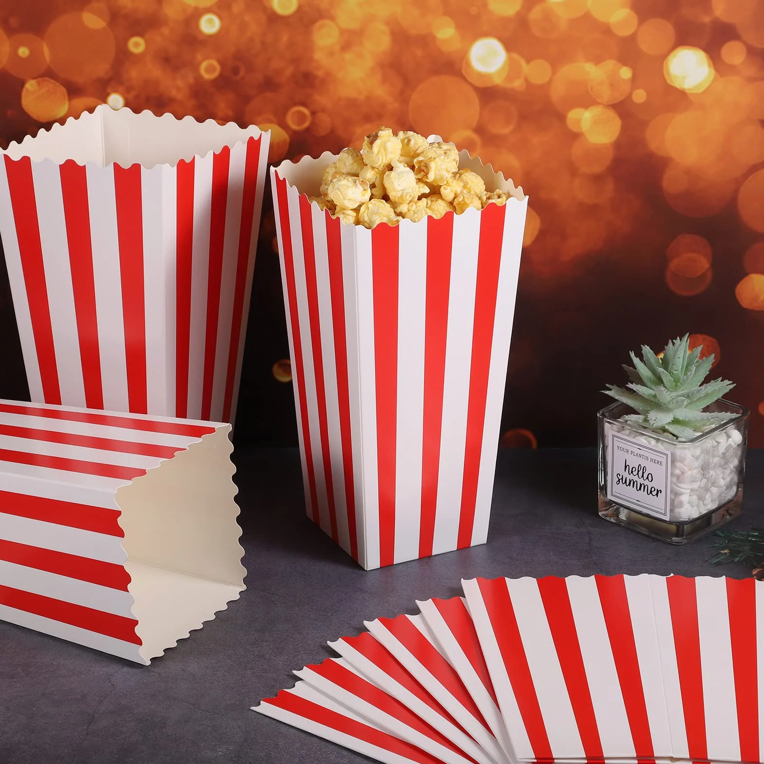 20 sztuk dużych torebek na popcorn, 19,8 x 9,6 x 7 cm, pudełka na popcorn, czerwone, białe, w paski, kartonowe, na przekąski, popcorn, na wieczory filmowe, do kina, na imprezę w stylu retro, wesele