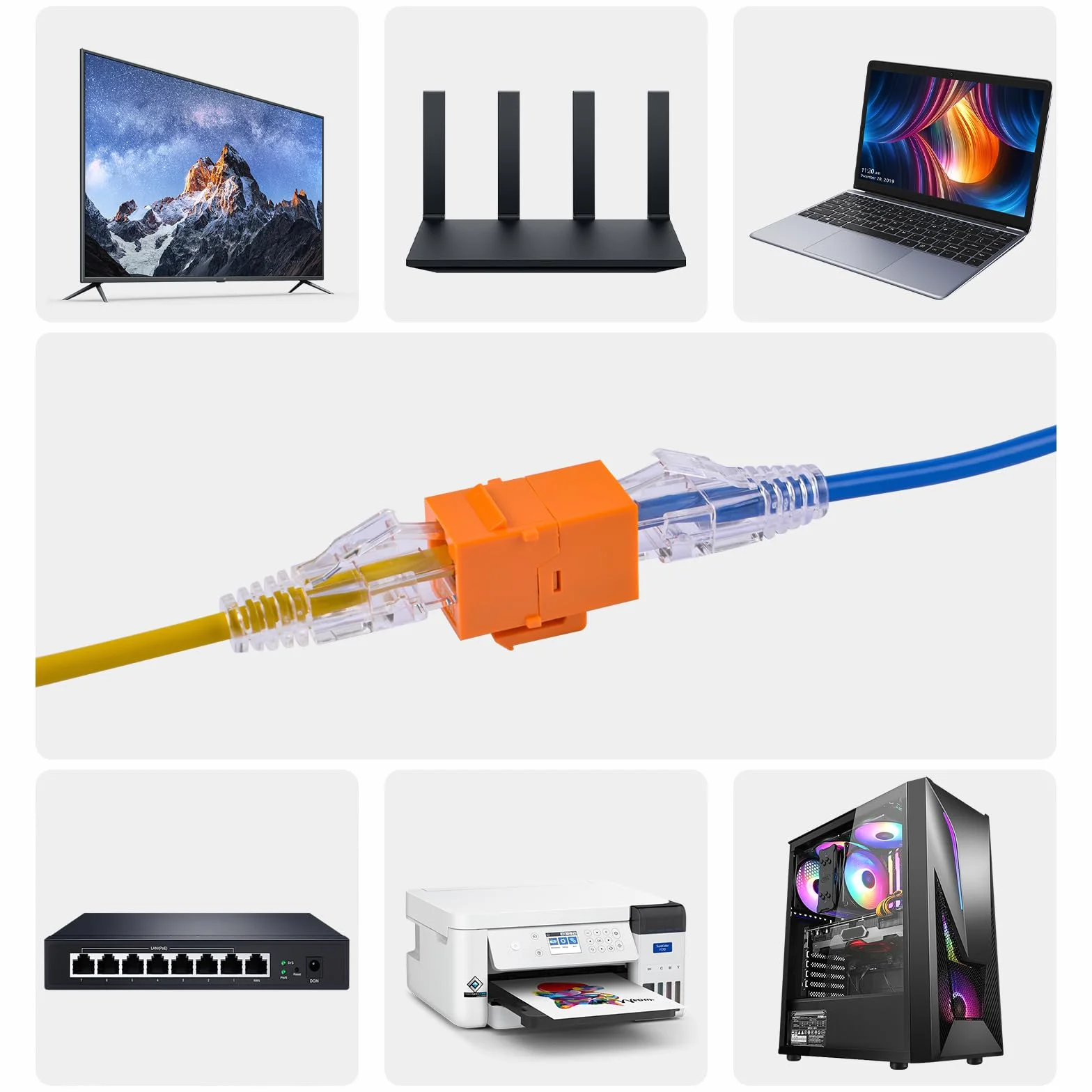 GeeekPi Keystone RJ45 Cat6 Connectors, zestaw 12 sztuk, wielokolorowe, pozłacane szpilki, obudowa ABS
