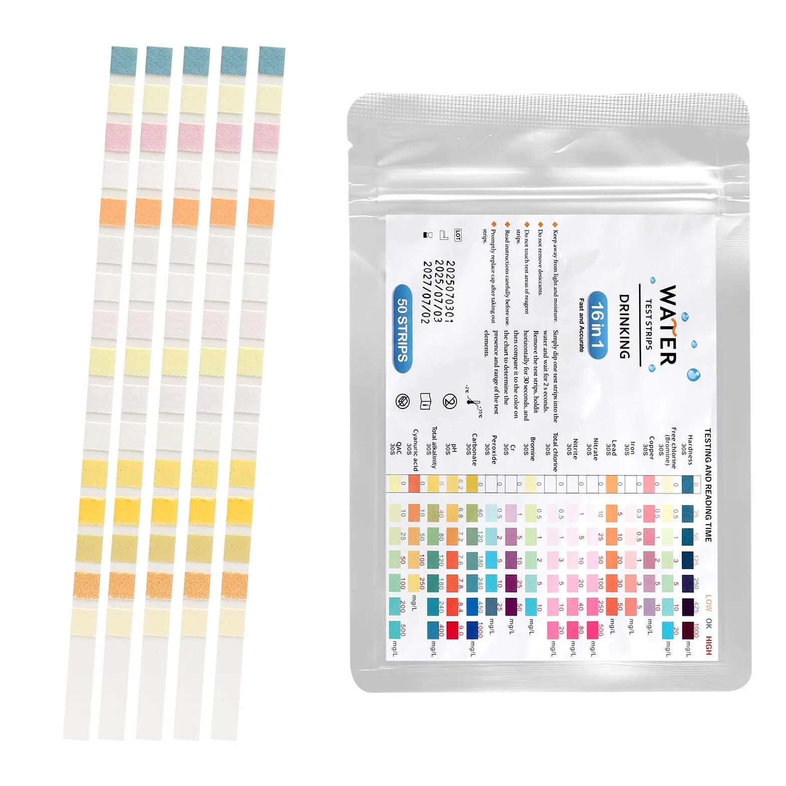 APOMOONS 50 x 16 paski testowe do woda, pH, jakość, twardość, ołowiu, żelaza, miedzi, tester pH domowy, akwarium