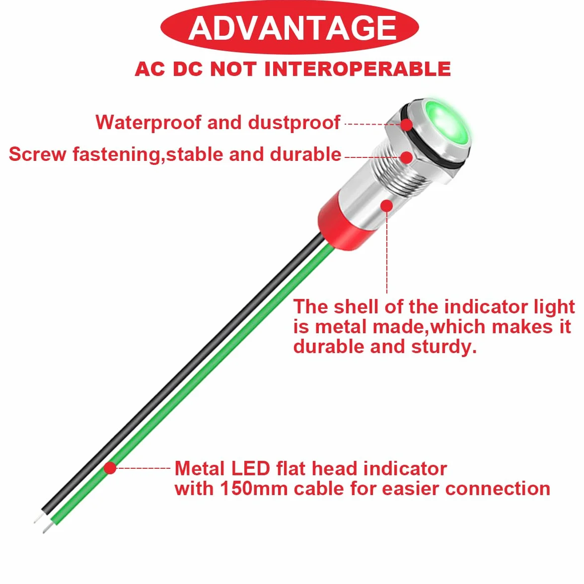 Metalowa lampka sygnalizacyjna LED 6 mm AC 110-220 V wodoszczelna czerwony/żółty/niebieski/zielony/biały