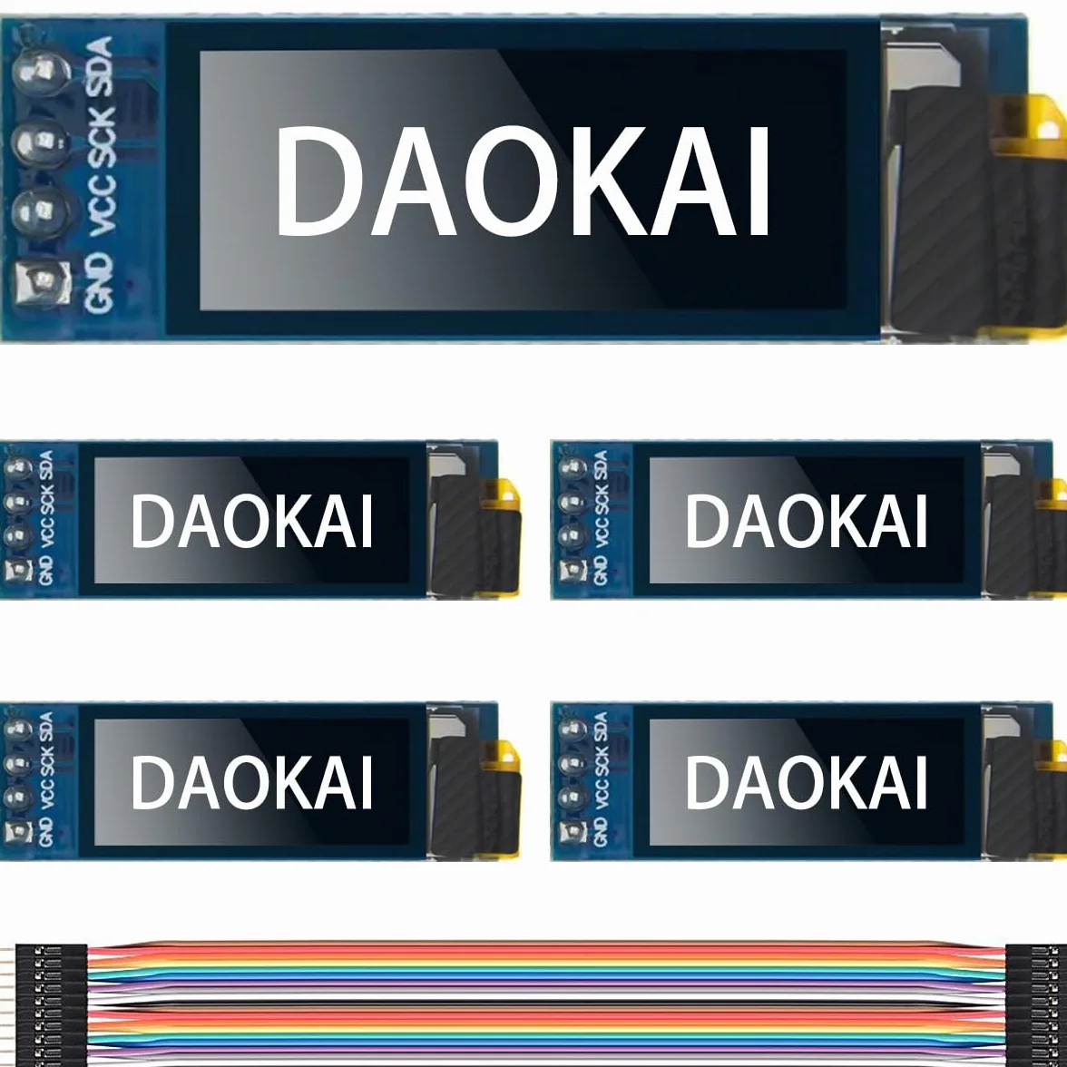 Wyświetlacz OLED 0,91", 128 x 32 piksele, I2C OLED, moduł wyświetlacza, sterownik, mały moduł DC 3,3 V do 5 V, białe znaki, kompatybilny z Arduino (5 sztuk)