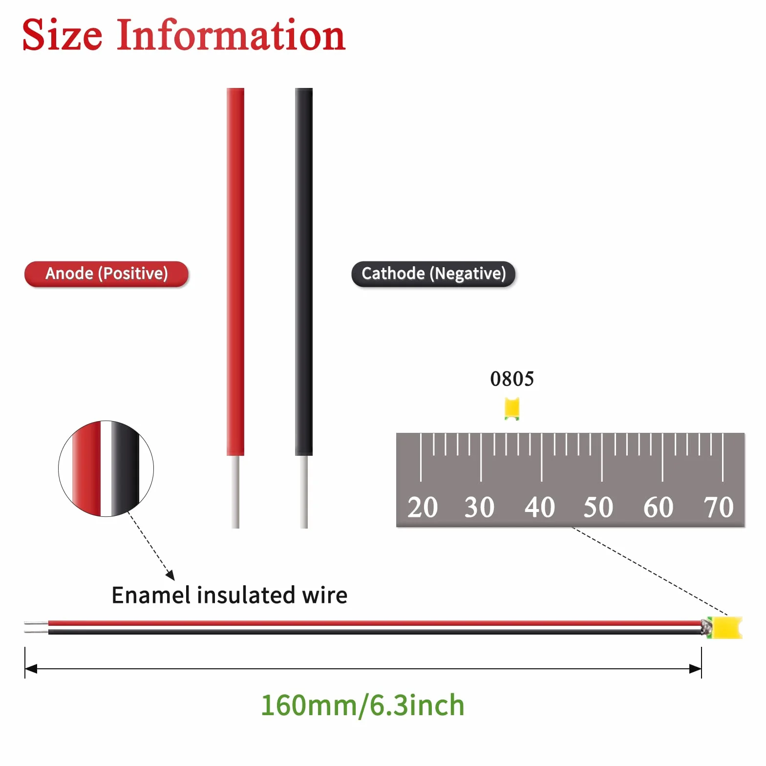 DiCUNO 20 szt. lutowane mini diody LED 0805, przewodowe diody SMD Mikro LED 16CM, do DIY, modelarstwa, układu modeli, dekoracji, kolor: biały