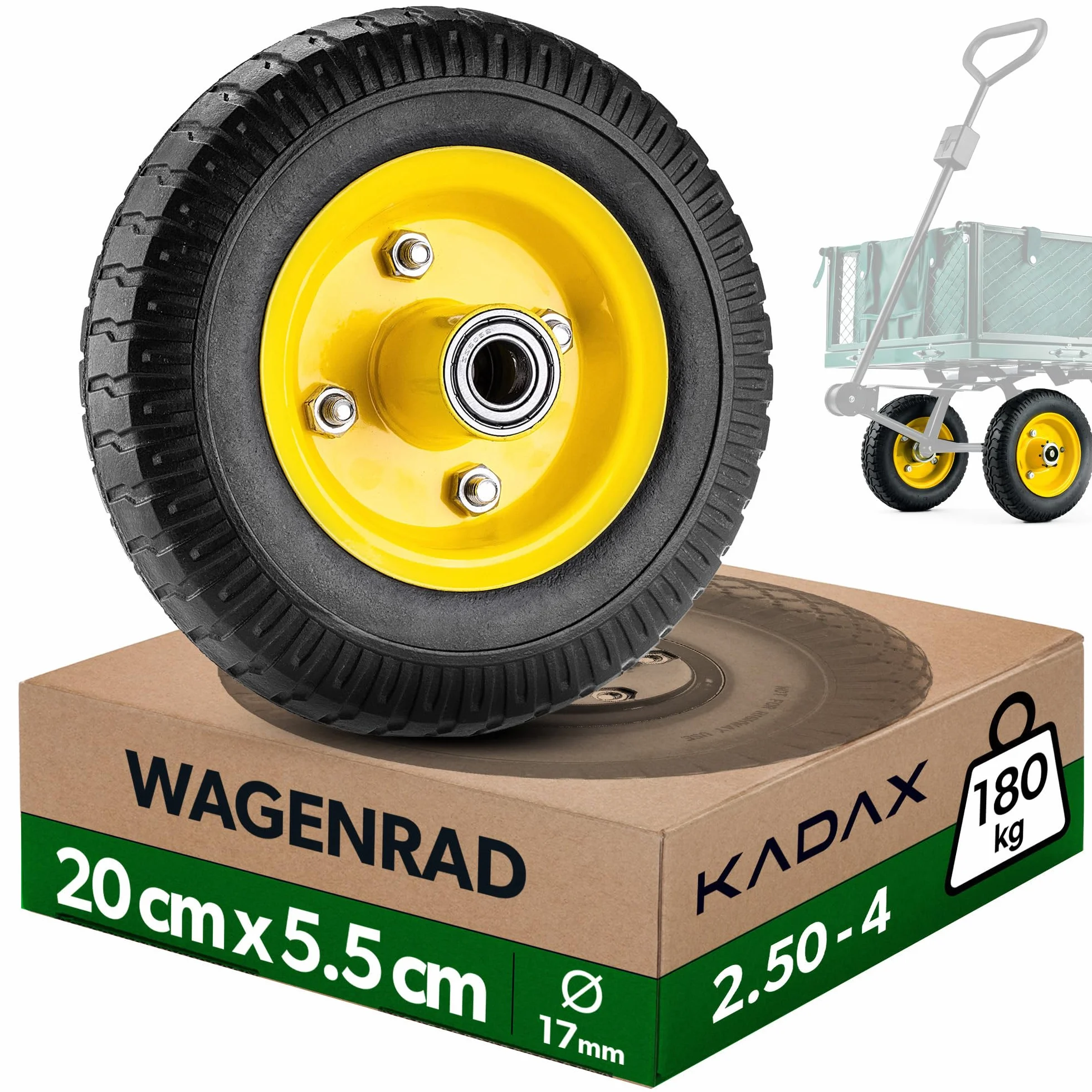 KADAX Koło zapasowe do wózka transportowego 200 x 55 mm, 1 sztuka, odporne na przebicia, 2.50-4, do taczki, wózka transportowego i wózka ogrodowego, koło do taczki z otworem osi 17 mm