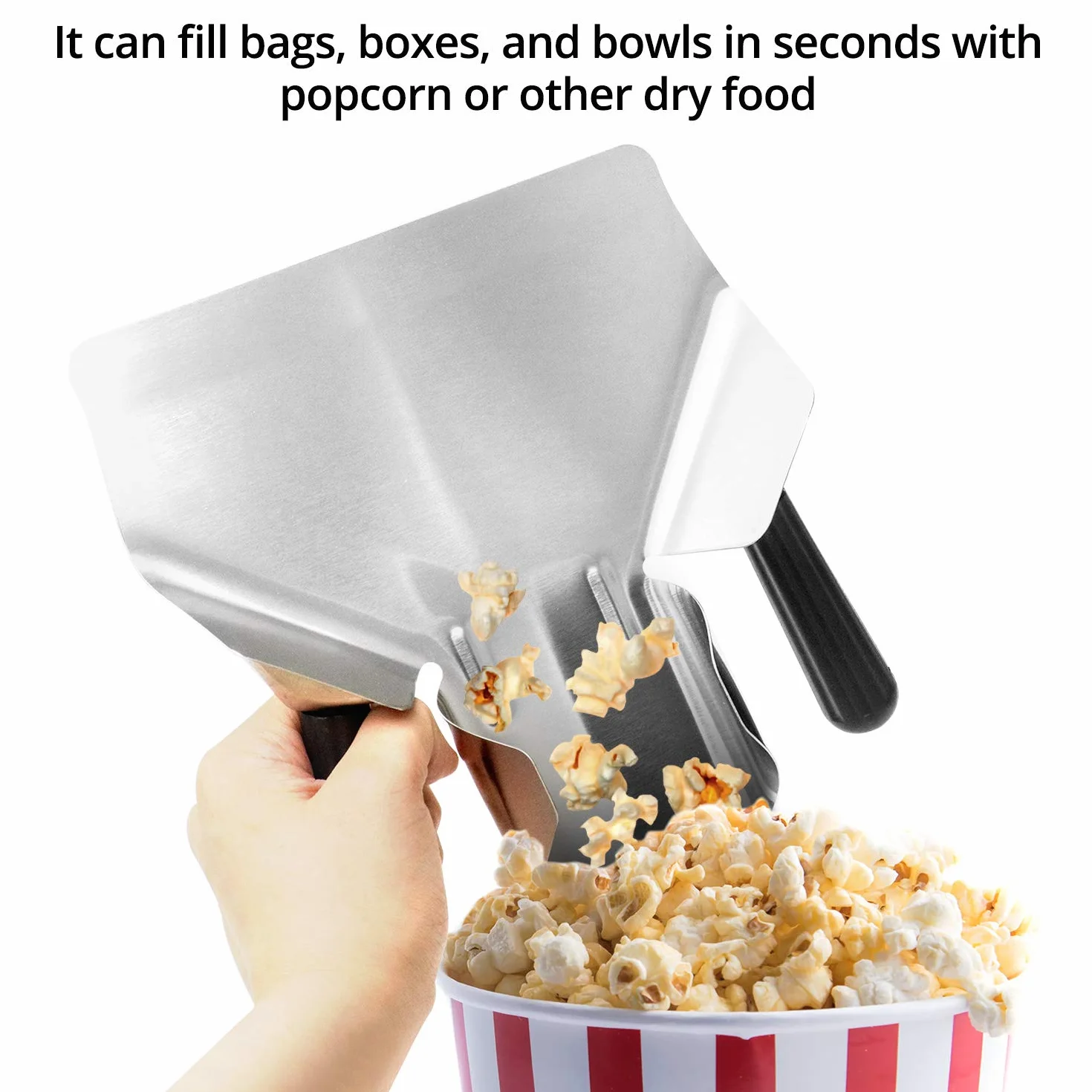 QWORK® Łopatka do popcornu ze stali nierdzewnej, francuska łopatka do smażenia, wielofunkcyjna łopatka do chipów popcorn, przekąski z cukierkami lodowymi, z podwójnymi uchwytami, 230 x 200 mm