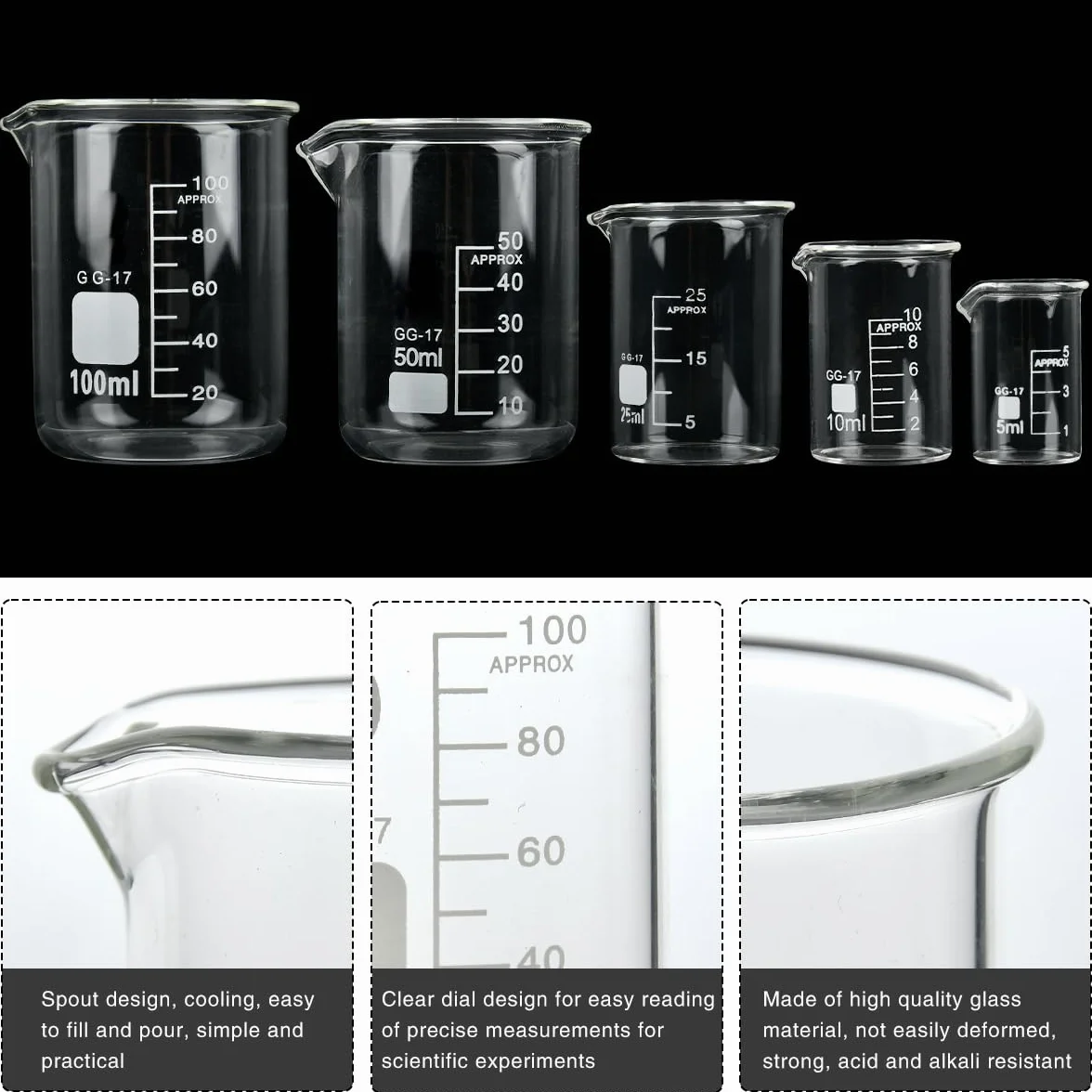 5 szt. szklanka do kubków 100 ml 50 ml 25 ml 10 ml 5 ml szklanka miarka chemia szklanka kubek szkło borokrzemowe kubek do laboratorium