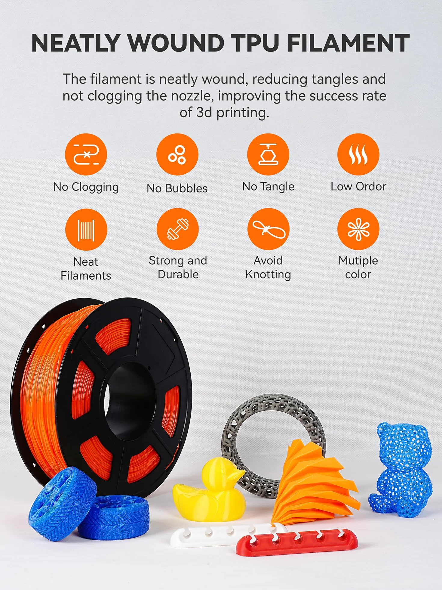 TECBEARS Elastyczny filament TPU 1,75 mm, twardość TPU 95 A, dokładność wymiarowa +/- 0,03 mm, szpula 1 kg, szary