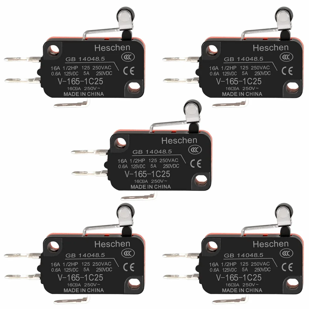 Heschen mikro przełącznik V-165-1C25 SPDT krótka dźwignia rolkowa 16 A 250 V AC 5 szt.