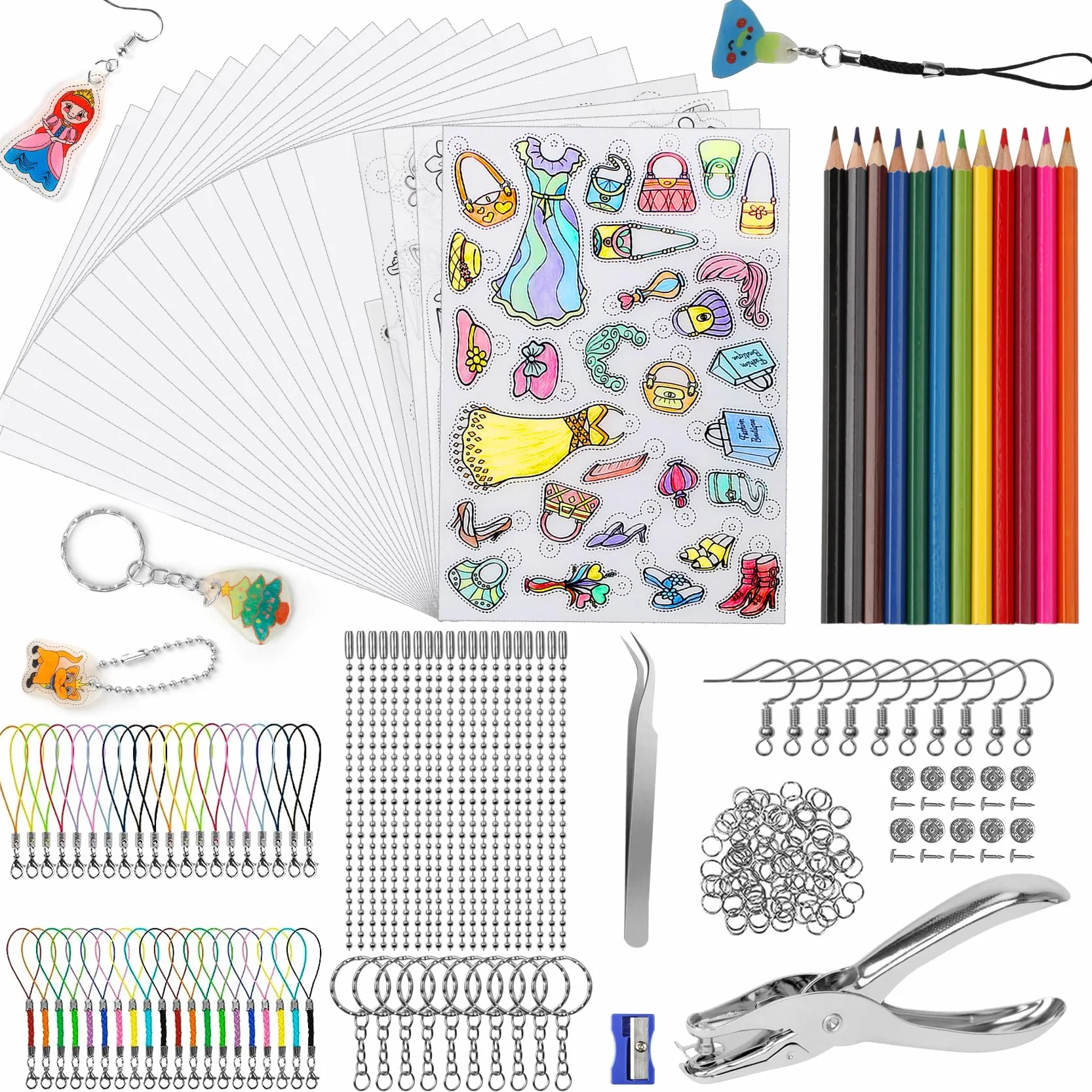 WECUTE folia termokurczliwa, zestawy DIY folia termokurczliwa, w tym zestaw folii termokurczliwej A4, brelok, klamra, ołówek, dziurkacz, do rękodzieła dla dzieci