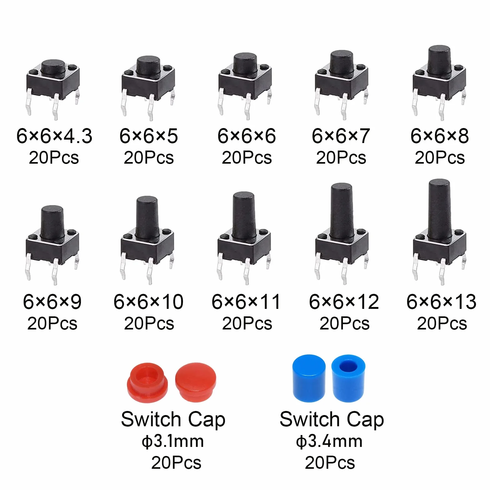 AUKENIEN 12Wartości 240sztuk Zestaw asortymentu mikroprzełączników Przełącznik przyciskowy dotykowy 6MM x 6MM Mikroprzełącznik 4stykowy z osłoną przycisku