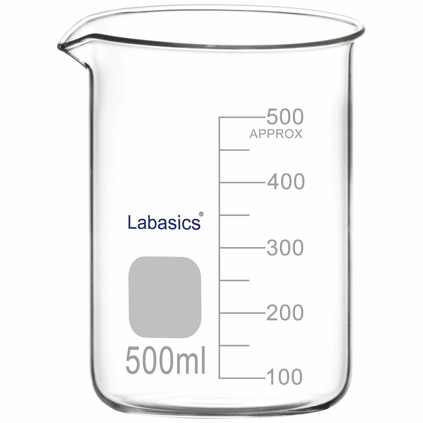 Labasics Szklany kubek, 1 opakowanie, szkło borokrzemowe, z uchwytem o głębokim kształcie, z lejkiem, 500 ml, odporne na wysokie temperatury, zastosowanie laboratoryjne