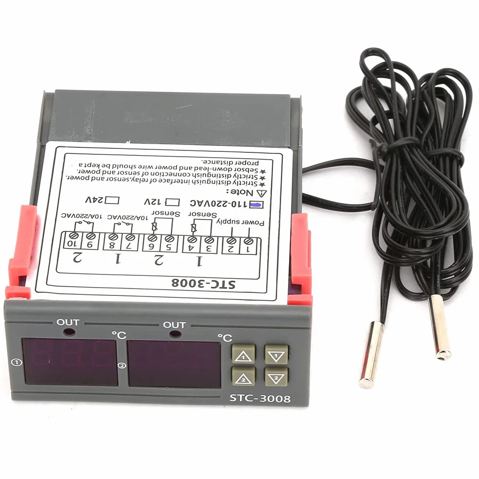 Cyfrowy Regulator Temperatury Termostat -3008 z Podwójną Sondą do Lodówki, Szklarni i Akwarium(110‑220V)