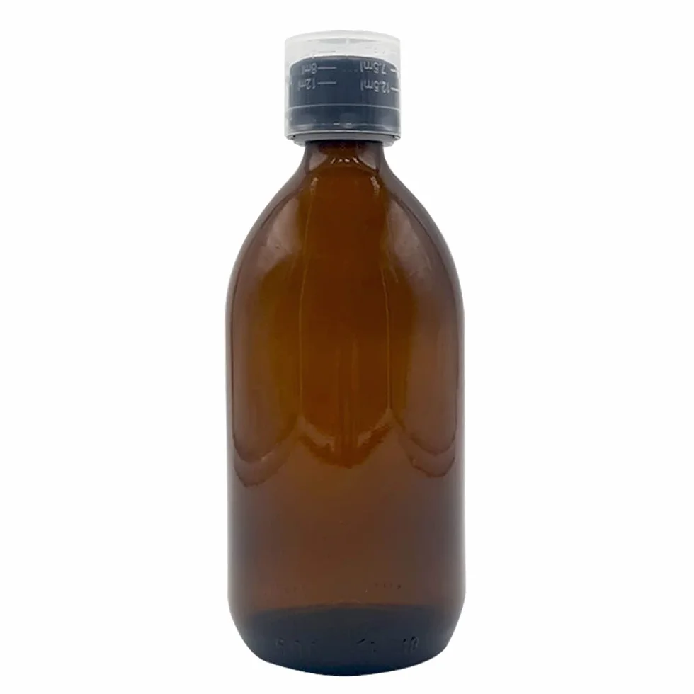brązowa szklana butelka 500 ml z pokrywką, kubek z miarką i etykietą do opisywania