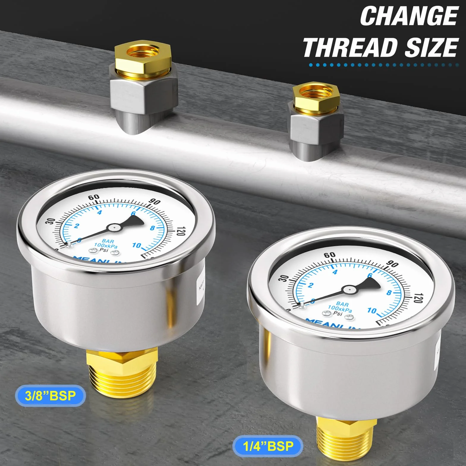 MEANLIN MEASURE Manometr ze stali nierdzewnej 0~10BAR 0~150PSI 2" FACE DIAL wodoodporny 1/8" BSP