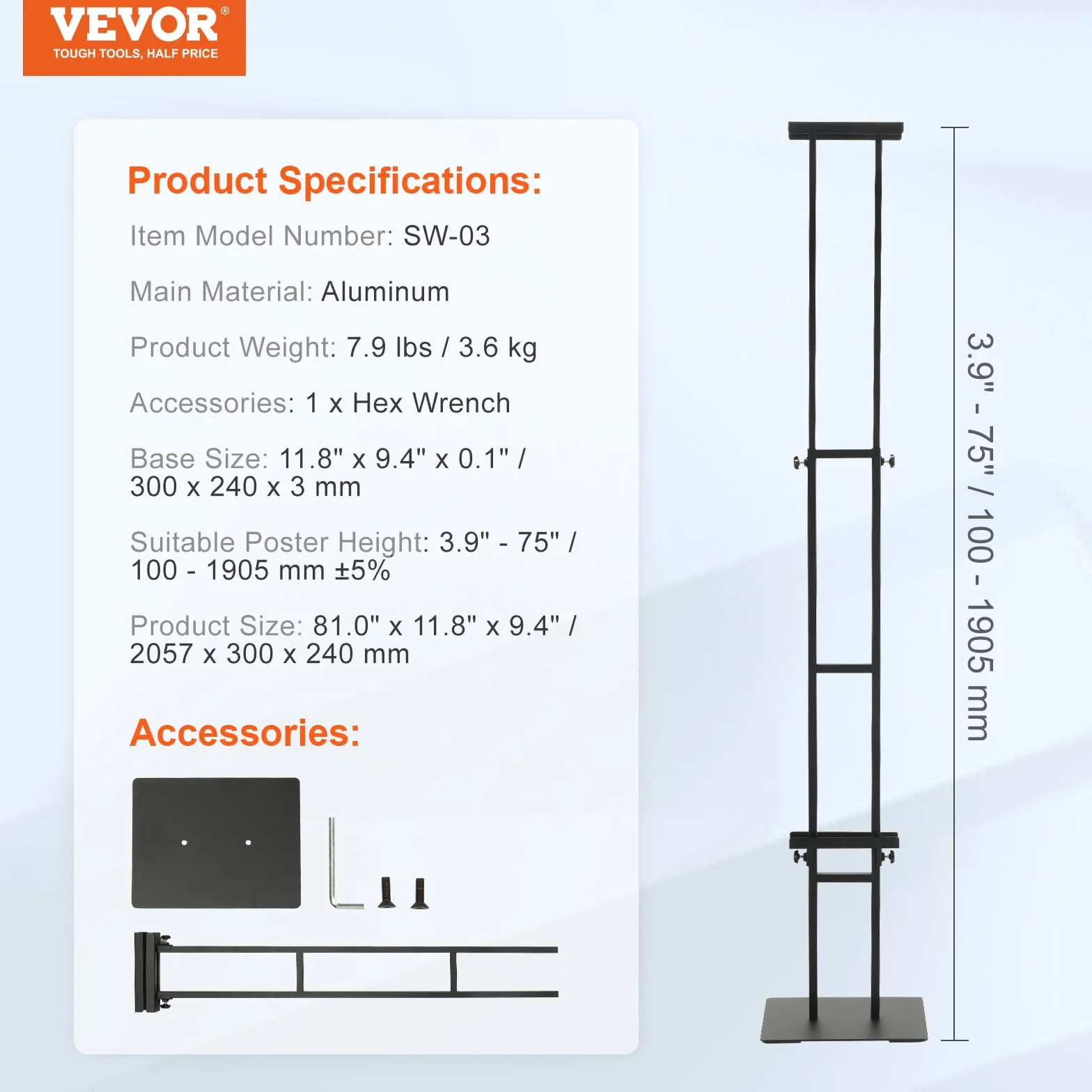 VEVOR Uchwyt na plakat 10-190,5 mm, aluminiowy panel wyświetlacza, regulowana wysokość, dwustronny, metalowa podstawa