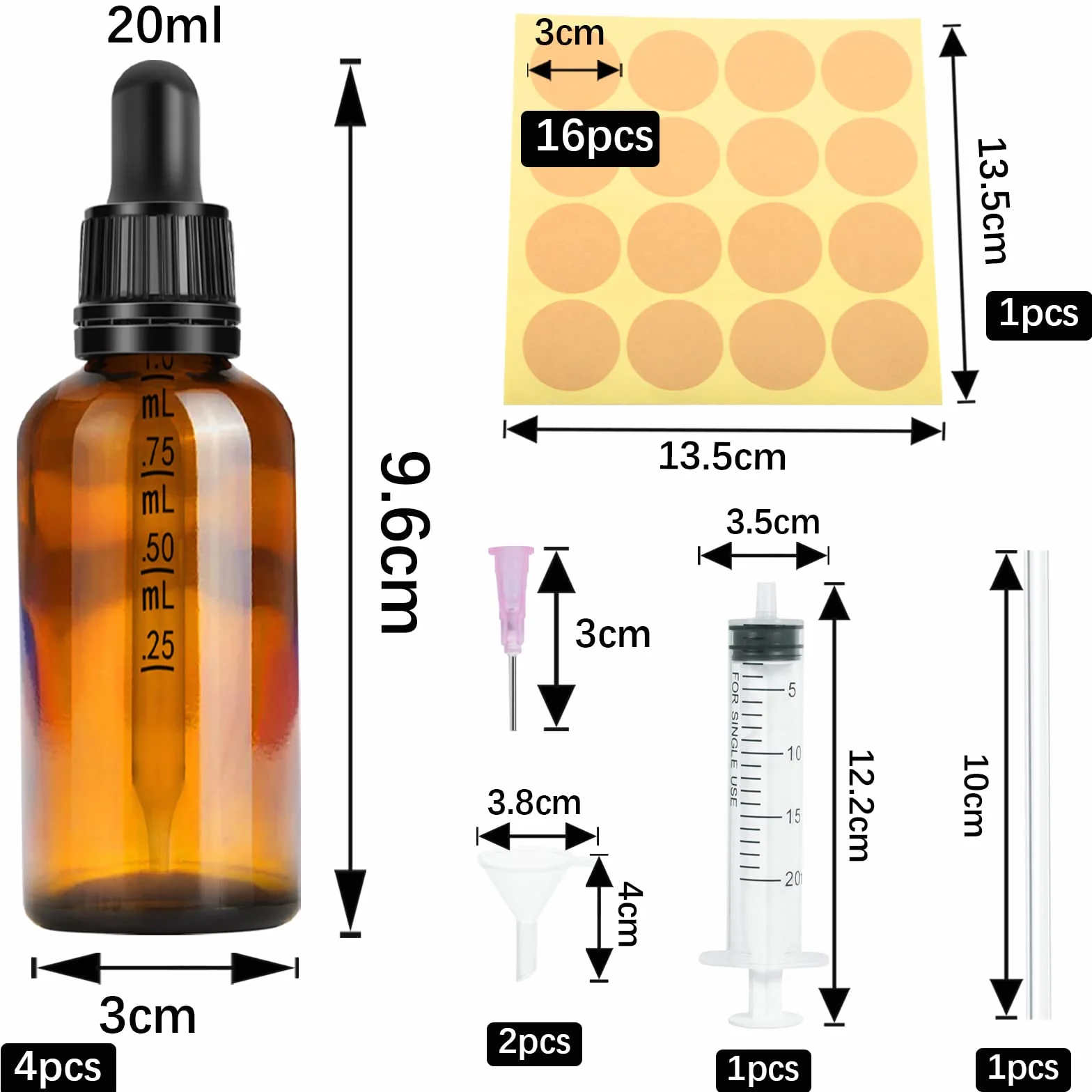 Nuts OT nuts Butelka z pipetą 20 ml, 4 szt., butelka z kroplomierzem, mała z 5 akcesoriami, do aromaterapii, do olejków eterycznych, Liquid Dyes, butelka farmaceutyczna (brązowa)