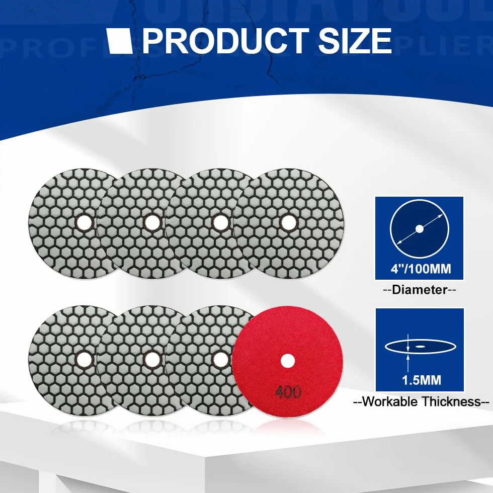 SHDIATOOL Suche diamentowe podkładki polerskie - 8 sztuk ziarnistość 400 100 mm zestaw do polerowania granitu, marmuru, sztucznego kamienia, kwarcu do szlifierek kątowych