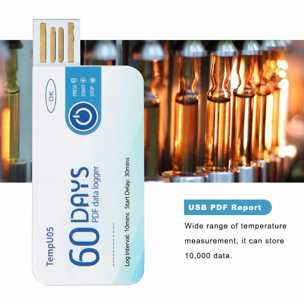 Rejestrator Temperatury USB, Jednorazowy, 10000 Pomiarów, Zakres -30°C do +60°C, Format PDF (TempU05)