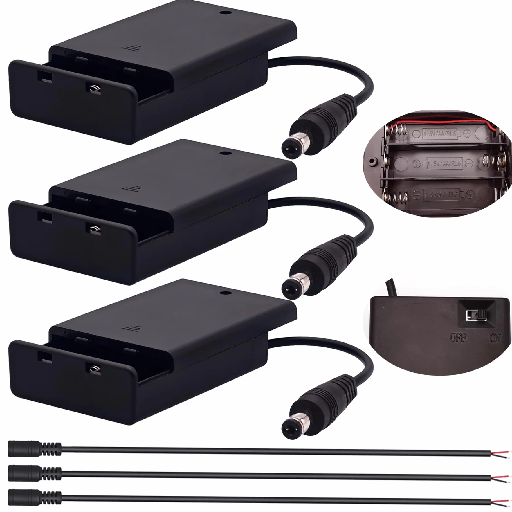 Uchwyt na baterie 3x AA przełącznik pokrywa pojemnik 4,5V zacisk DC męski kabel żeński 0,3m zestaw 3 sztuki kompatybilne taśmy LED DIY