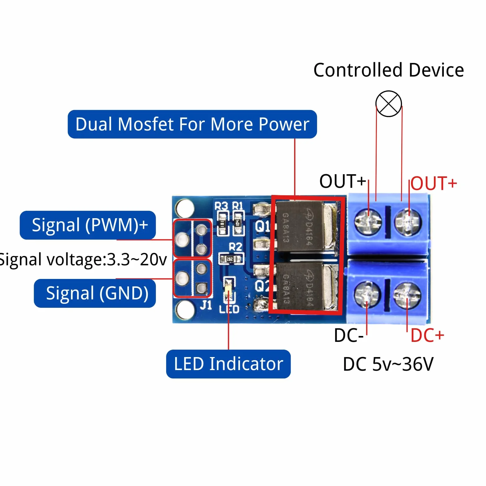 Moduł tranzystor Mosfet 5 V-36 V 400 W PWM Dual-wysokowydajny moduł sterownika MOSFET Switch Drive kompatybilny z Arduino (20 sztuk)