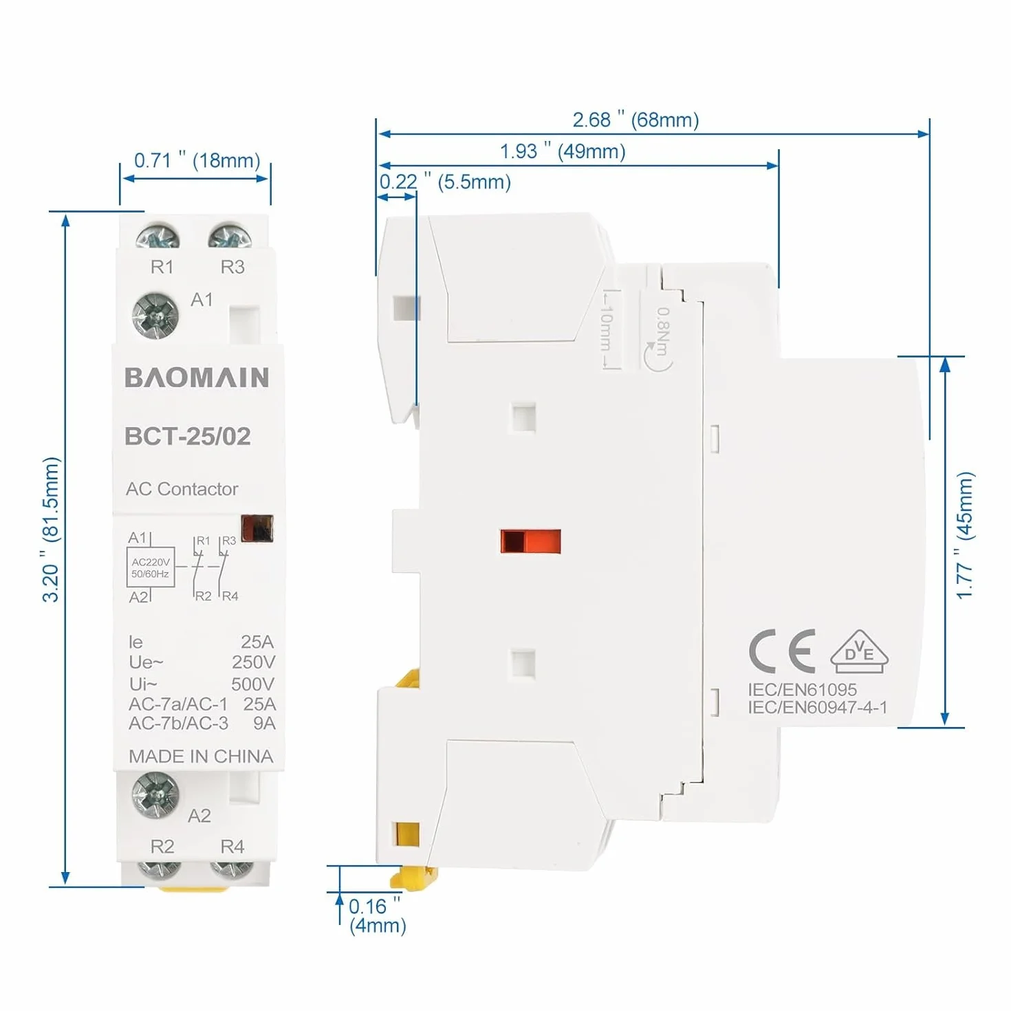 BAOMAIN Stycznik AC, 2-biegunowy 2NC, 25 A, AC 220 V, napięcie cewki, 35 mm Montaż na szynie DIN BCT-25/02