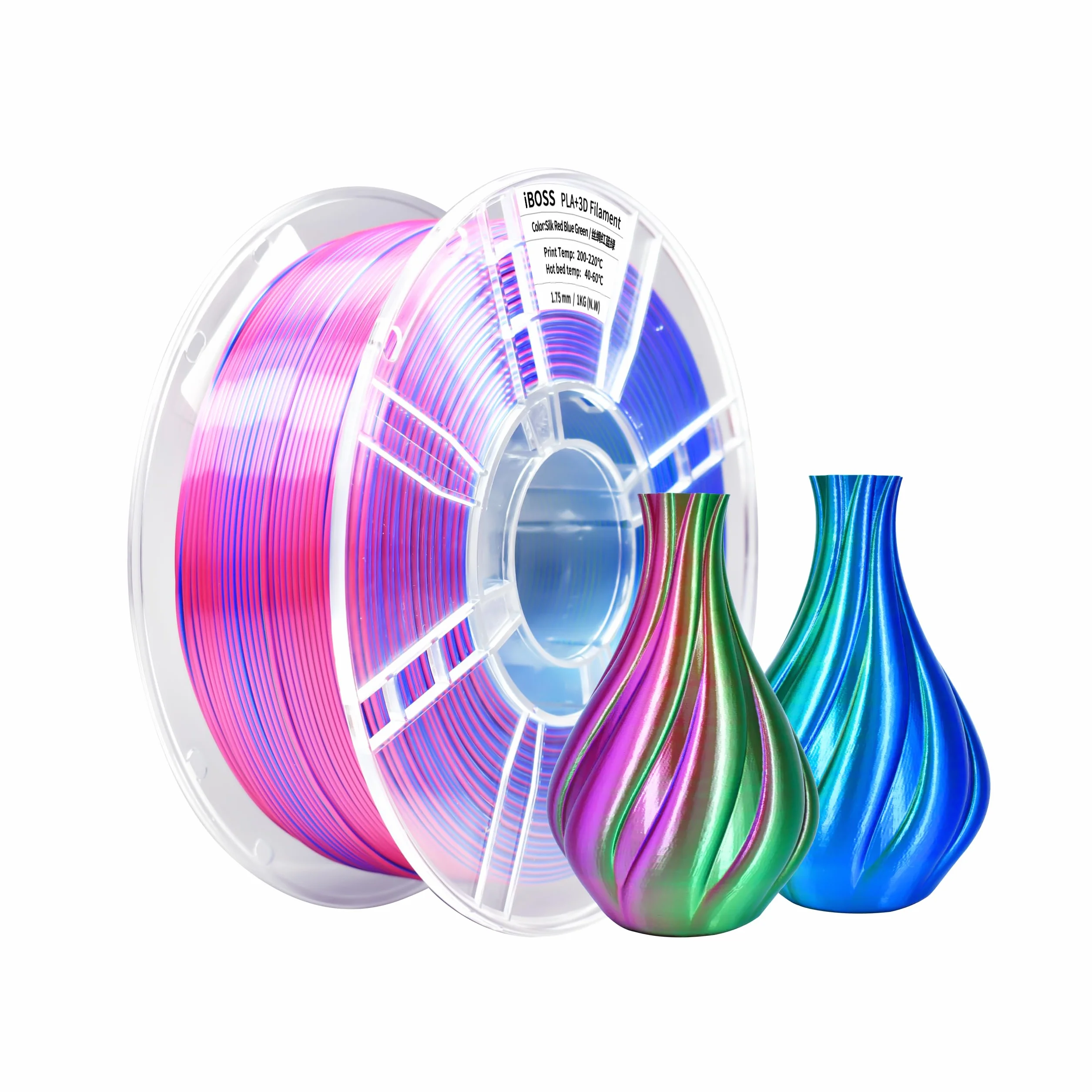 iBOSS Jedwabny PLA+ filament 1,75 mm trójkolorowy, lśniący połysk, do drukarek 3D FDM, dokładność wymiarowa +/- 0,02 mm, szpula 1 kg (2,2 lbs), Jedwabny Czerwony-Niebieski-Zielony