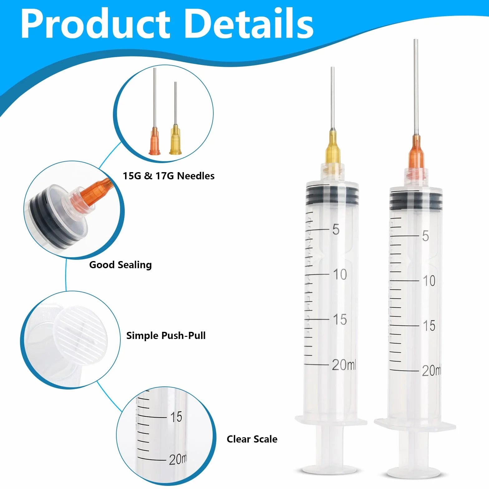 Strzykawka 20 ml z tępą igłą, plastikowa dozująca do iniekcji, laboratorium, przemysłu
