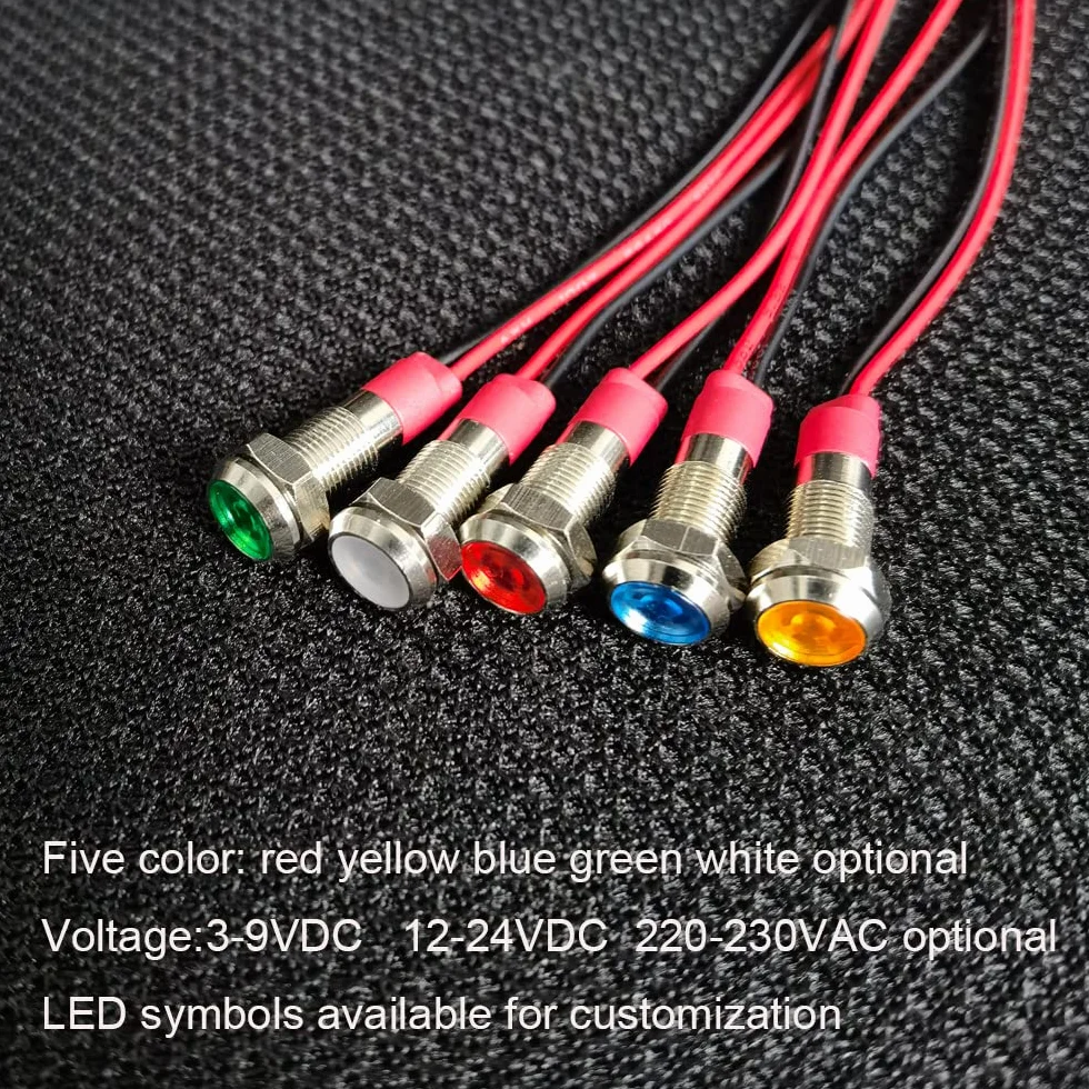 GUUZI 6mm Lampka Kontrolna LED 12-24V Wodoodporna Lampka Sygnalizacyjna Panel Metalowy Wskaźnik LED Lampka Sygnalizacyjna Mocowanie Panelu Głowica Płaska z Przewodami Srebrny Skorupa(Zielony, 8 szt)