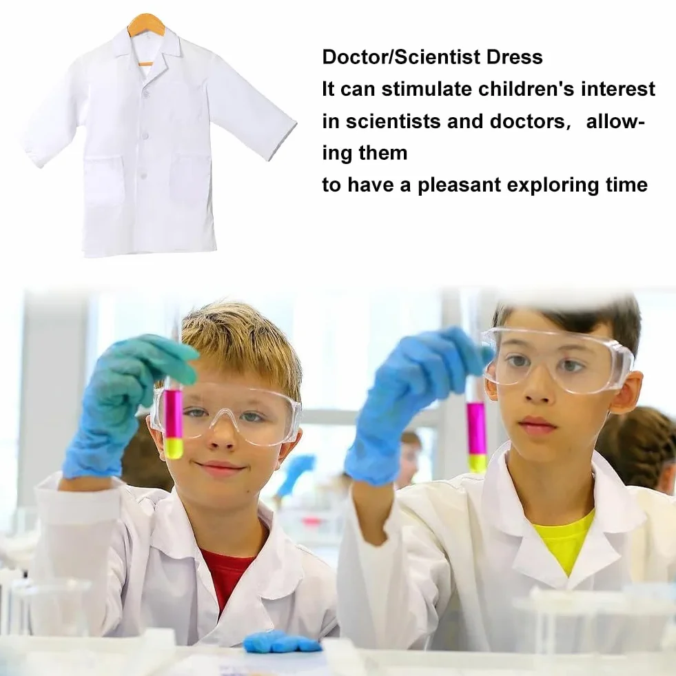 Comioke Fartuch lekarski dla dzieci, bawełna, fartuch laboratoryjny, dla dzieci, chłopców, dziewczynek, chemia, płaszcz laboratoryjny, długi rękaw, fartuch, biały kostium lekarza, płaszcz dla uczniów