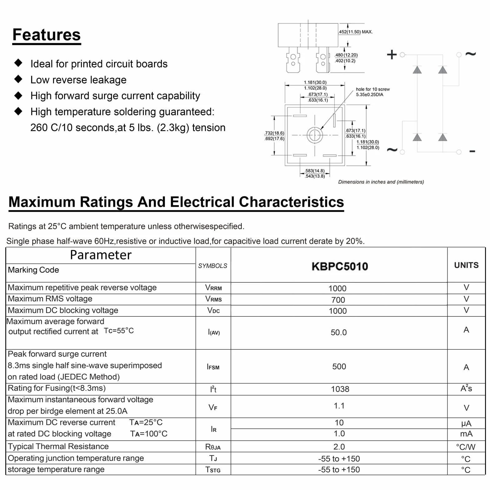 KBPC5010 50A 1000 V Mostkowe diody prostownicze KBPC 5010 Jednofazowa dioda prostownicza z mostkiem krzemowym 50 A 1000 V Bridge prostownik diodowy (5 sztuk)