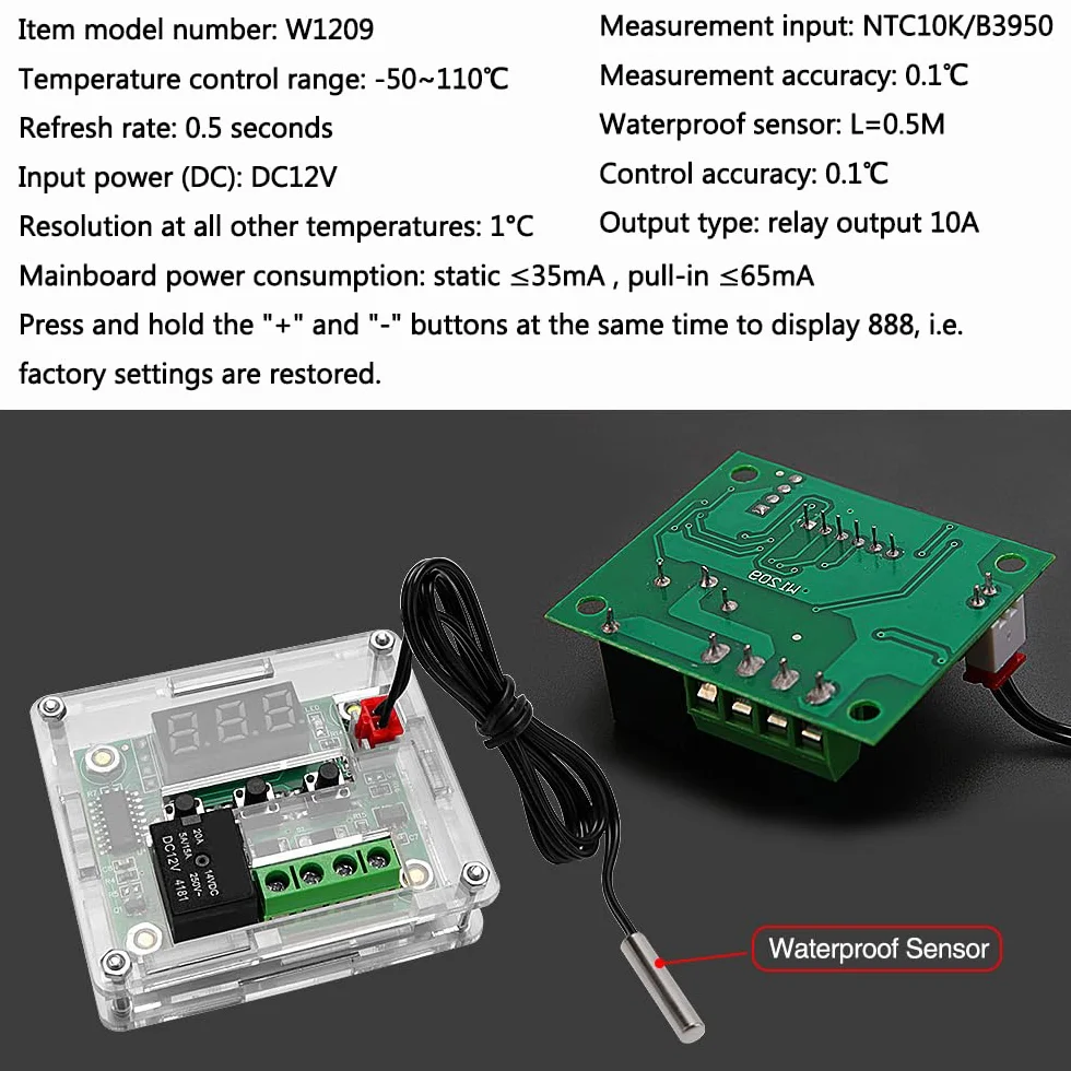VooGenzek Cyfrowy Regulator Temperatury W1209 Termostat -50-110°C 12V DC z Sondą NTC