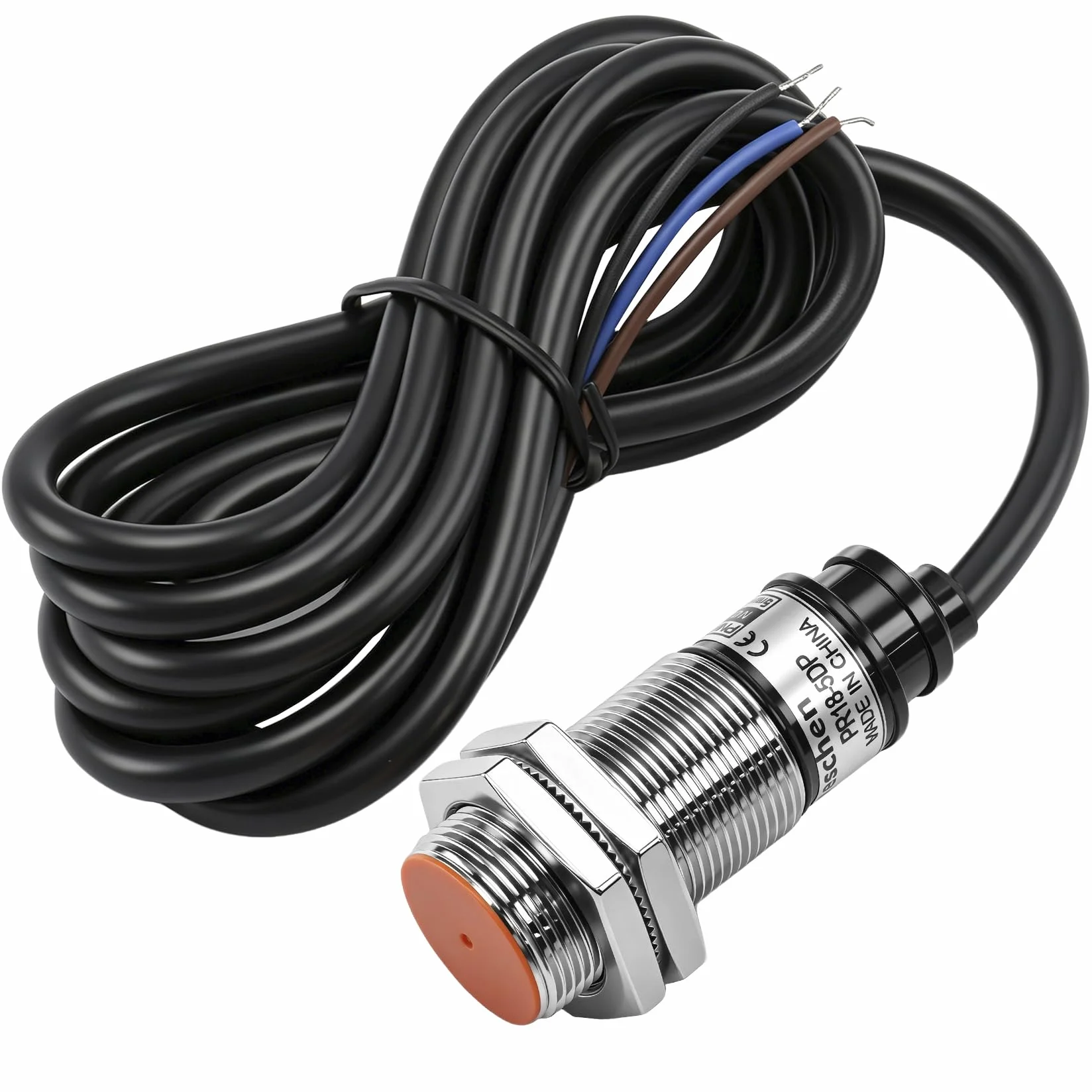 Heschen Indukcyjny czujnik zbliżeniowy PR18-5DP typ cylindryczny, czujnik 5 mm, okrągły M18, 12-24 VDC 3-przewodowy, ekranowany, PNP, NO(normalnie otwarty) CE