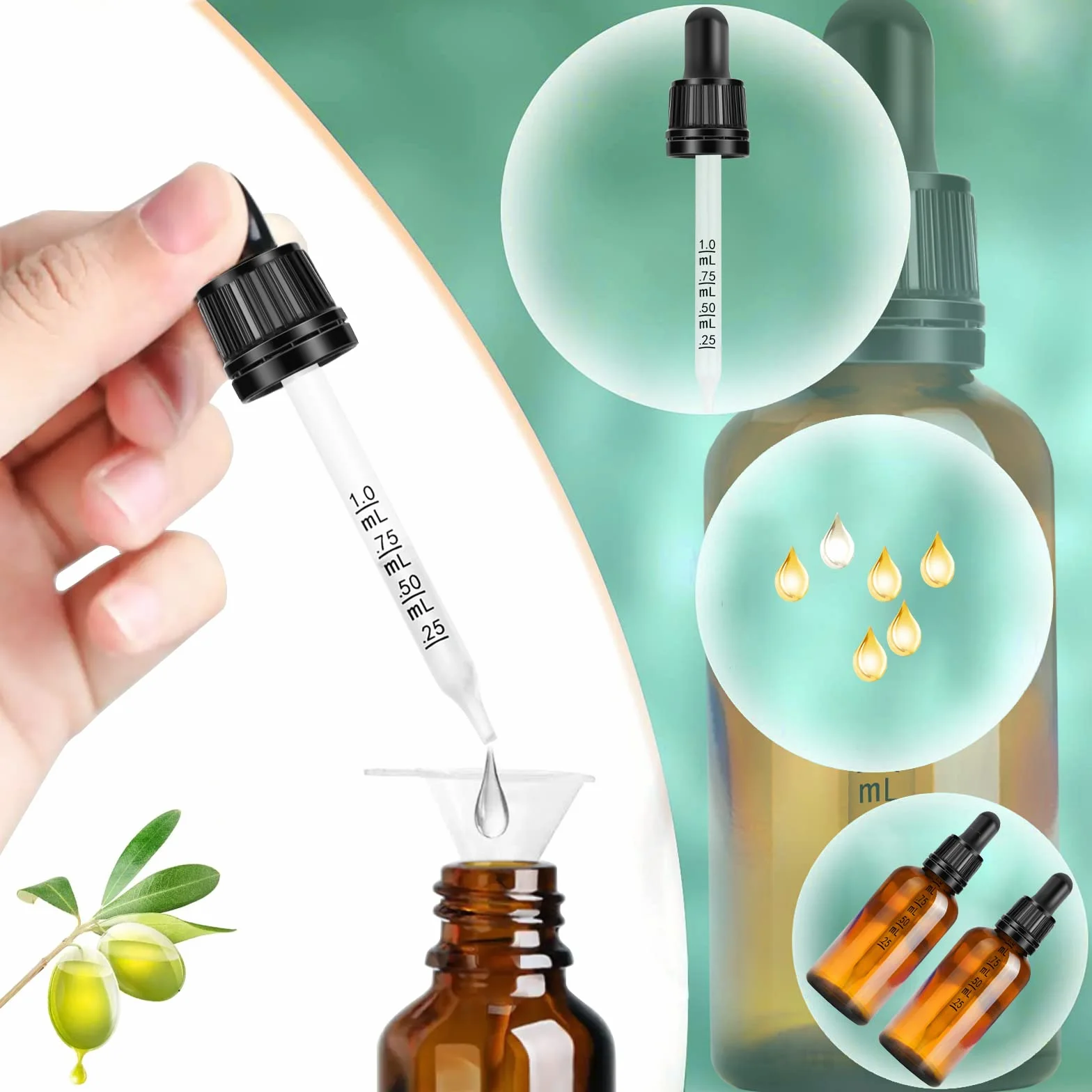 Nuts OT nuts Butelka z pipetą 20 ml, 4 szt., butelka z kroplomierzem, mała z 5 akcesoriami, do aromaterapii, do olejków eterycznych, Liquid Dyes, butelka farmaceutyczna (brązowa)
