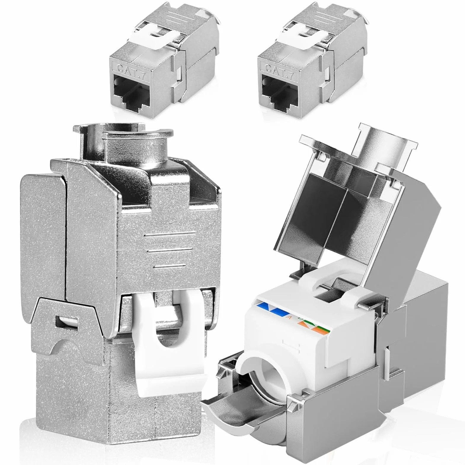 4 sztuki CAT 7 Keystone RJ45 moduł gniazdo do kabla LAN 10 Gbit/s do 1000 MHz AWG 22-25 beznarzędziowe LSA w pełni ekranowane gniazdo montażowe STP RJ45 zacisk tnący pasuje do gniazda sieciowego i
