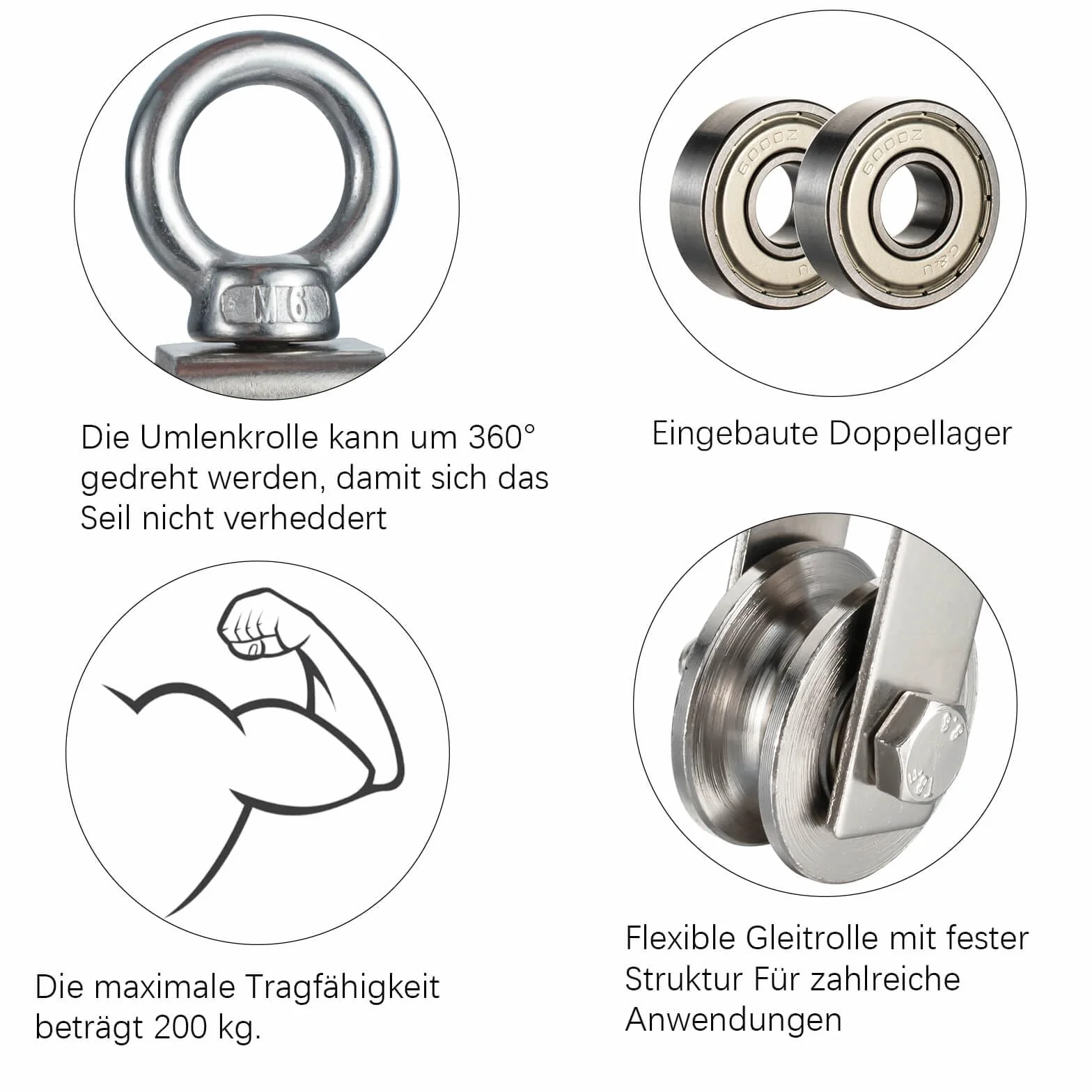 Rolka zwrotna 40 mm ze stali nierdzewnej, 2 łożyska kulkowe, do lin 8 mm, nośność 200 kg