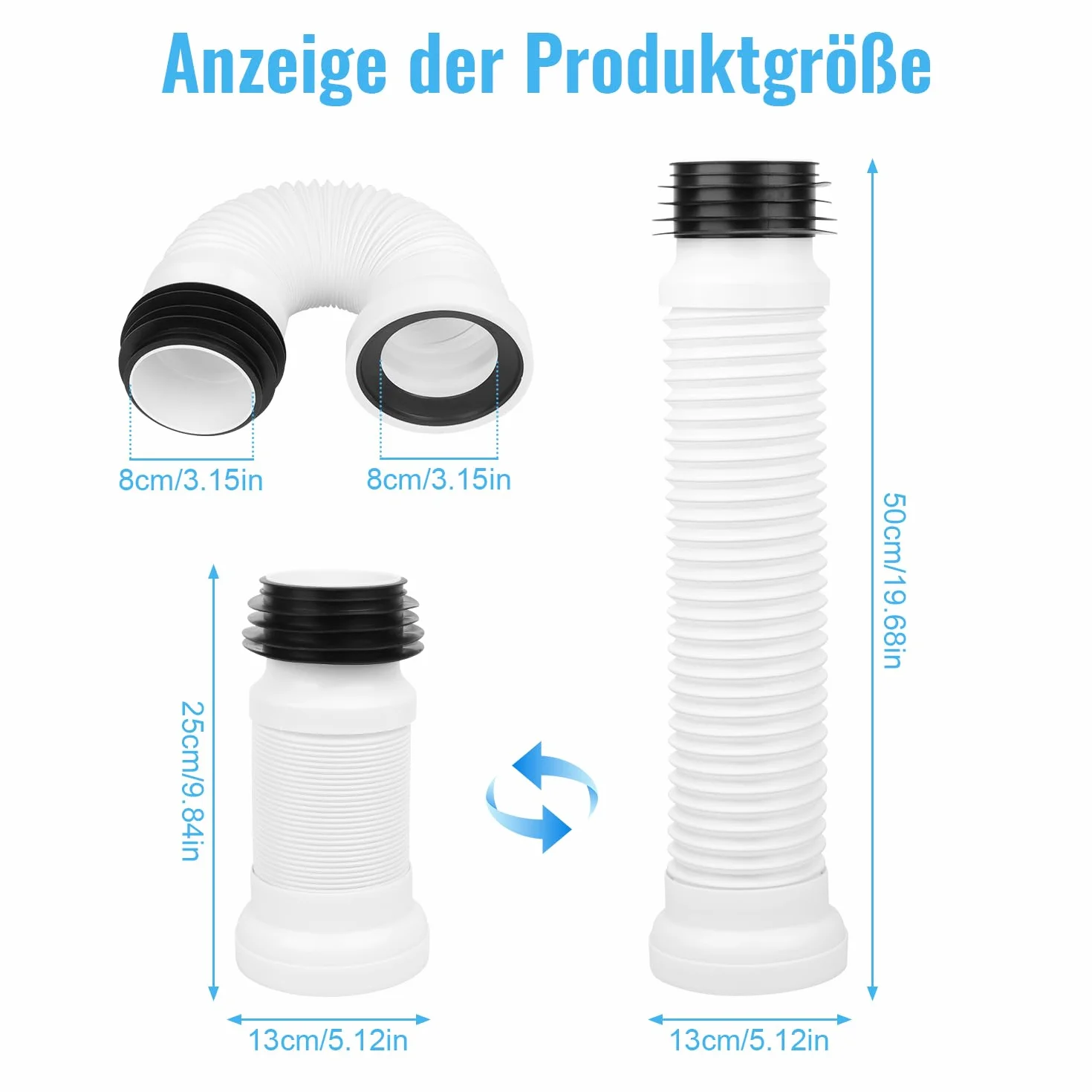 KOVACQ Elastyczna rura odpływowa WC, przedłużka 250-500 mm, regulowana, uniwersalna, pasuje do konfiguracji Ale, rura toaletowa, króciec przyłączeniowy do uniwersalnego odpływu WC (biała)