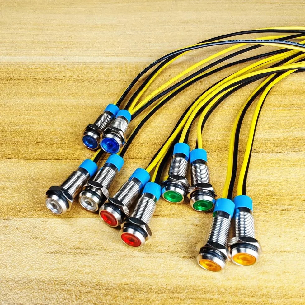 Gebildet 10szt. 6mm 220 VAC LED Metalowa lampa Sygnalizacyjna Wodoszczelna (zielona, pomarańczowa, czerwona, niebieska, biała, 10 szt.)