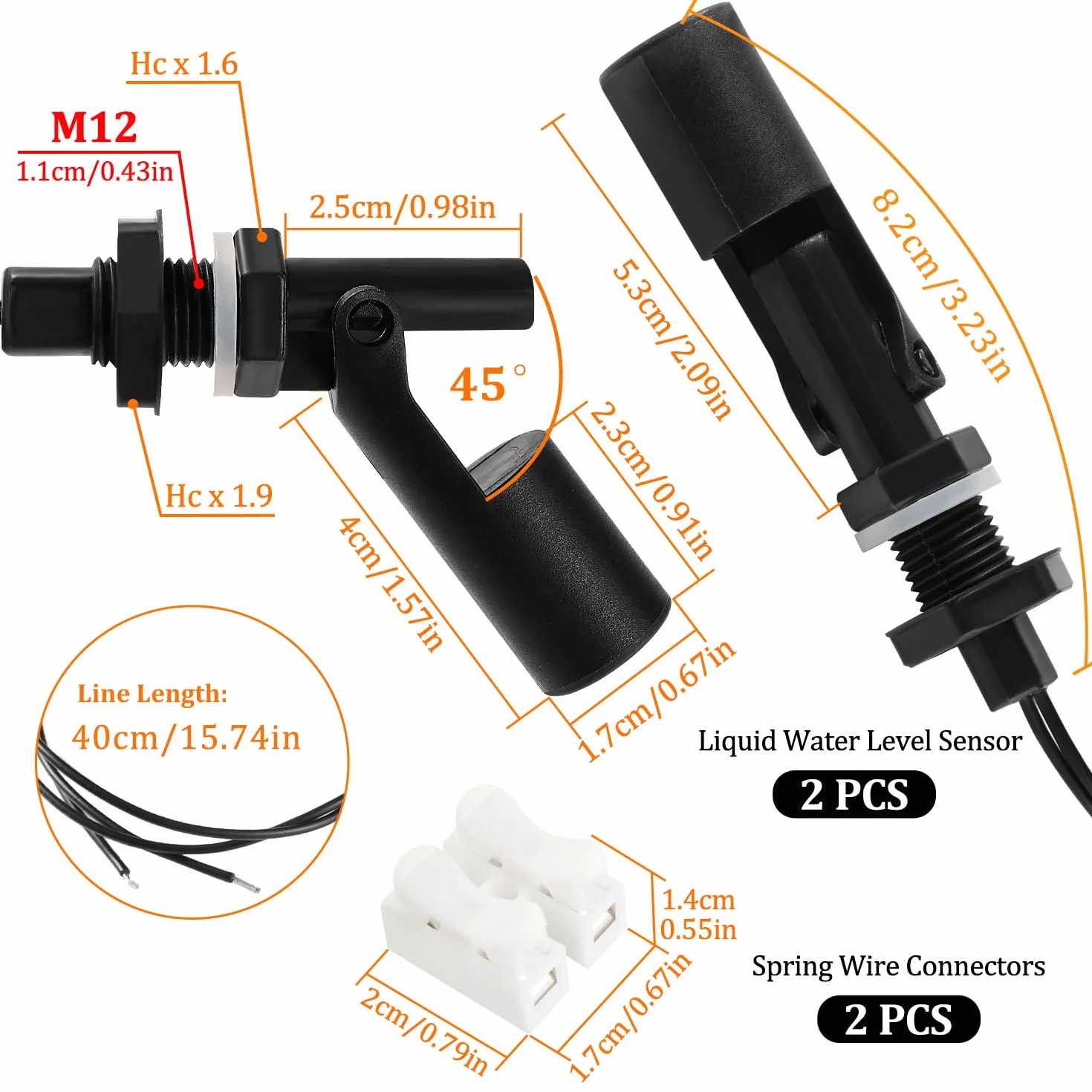 2 Sztuk M12 10W Czujnik Poziomu Wody, Poziomy Wyłącznik Pływakowy z Boku PP, Czujniki Poziomu Cieczy, ze Złącza Sprężynowe, w Zbiorniku Akwarium, Czarny
