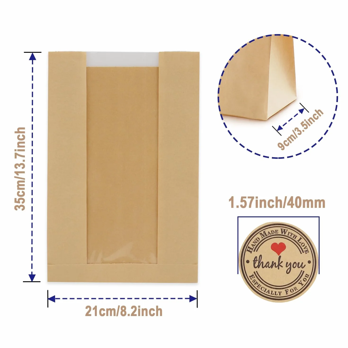 Brązowe papierowe torby na chleb, 35 sztuk, z okienkiem, duże torby papierowe typu kraft, do domowego chleba, cukierków, chleba, ciasteczek, prezentów (31 x 21 x 10 cm)