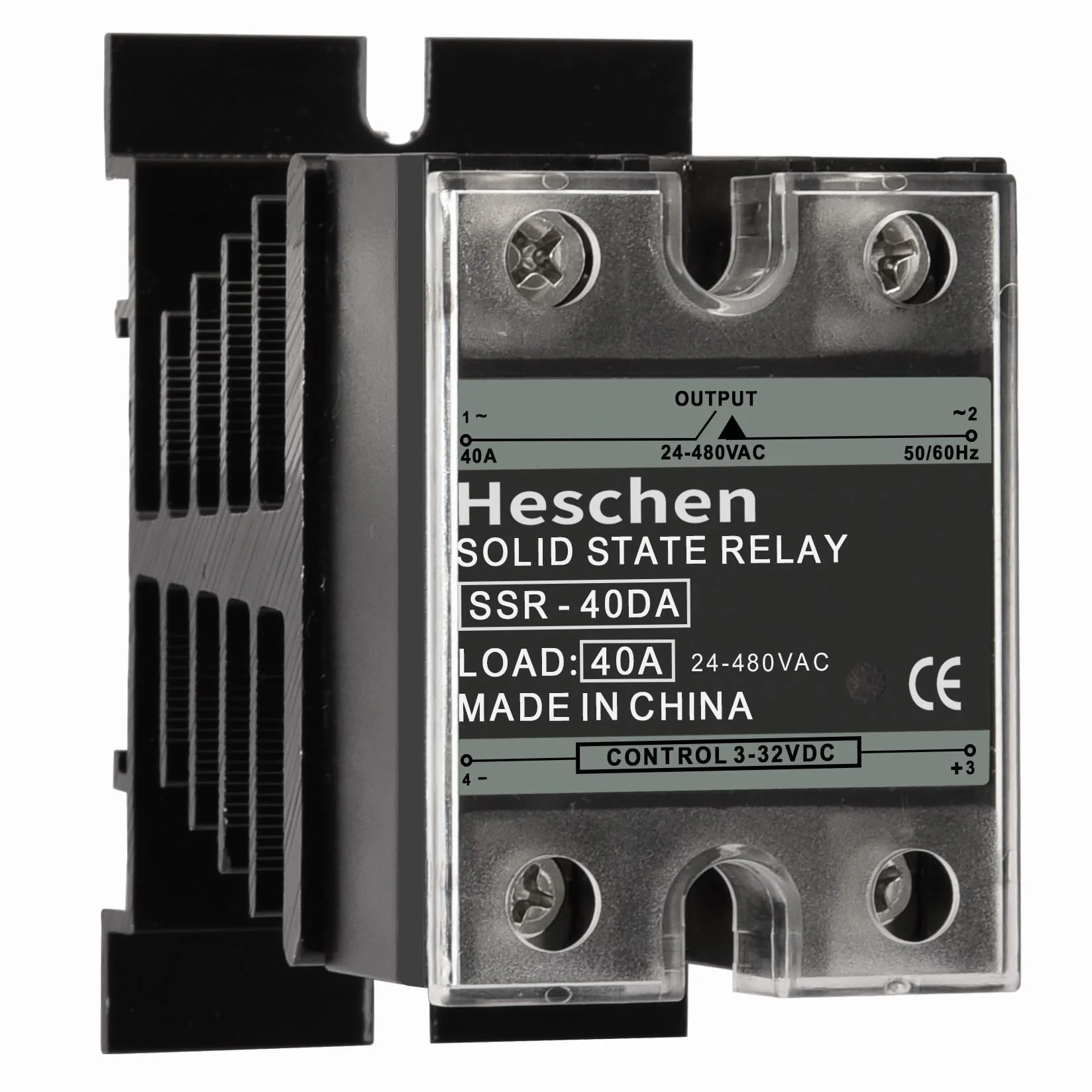Heschen Jednofazowy przekaźnik półprzewodnikowy DC/AC, SSR-40DA, wejście 4-32VDC, wyjście 24-480VAC, 40A 50-60Hz, z radiatorem