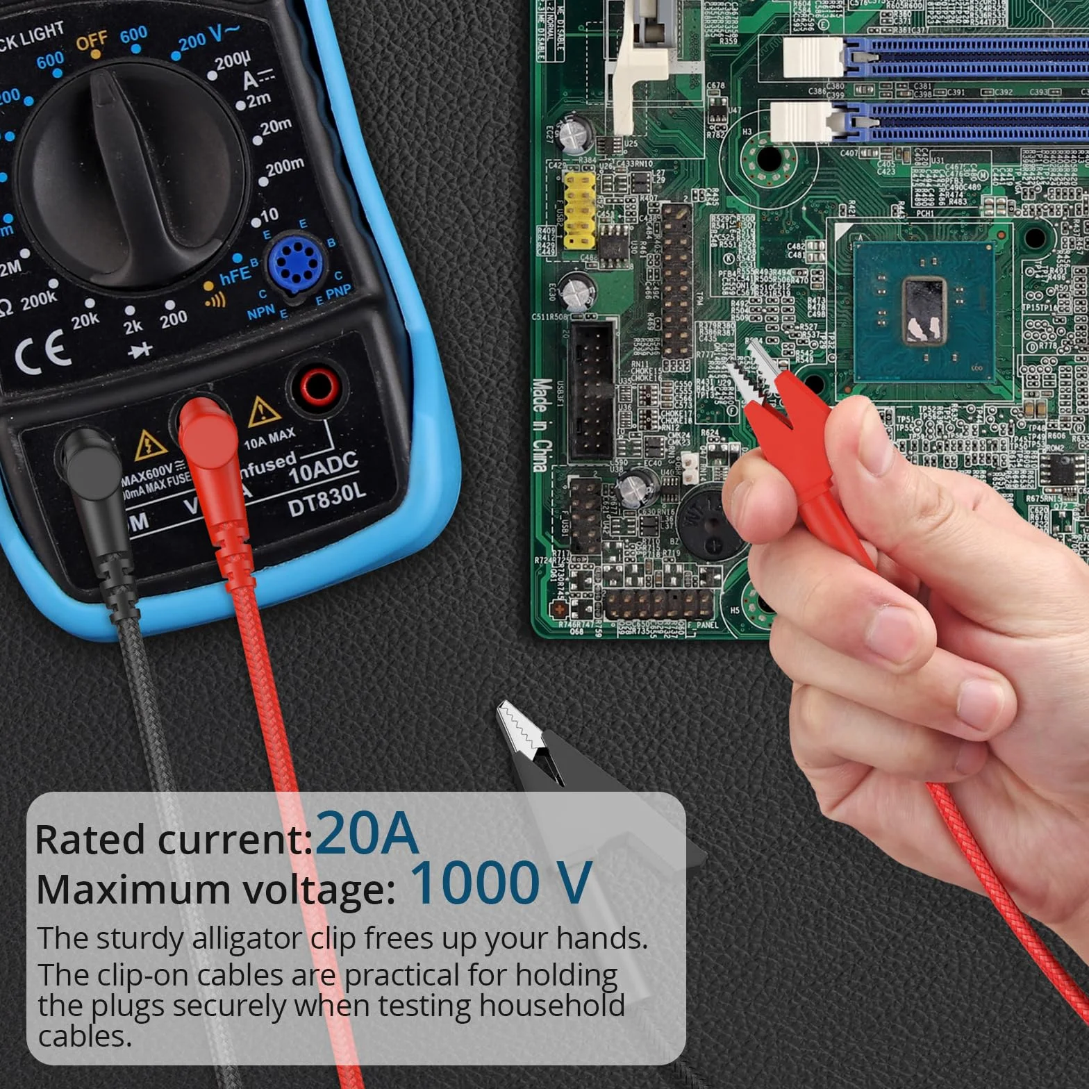 Kabel kontrolny z wtyczką bananową i zaciskiem krokodylkowym 120 cm 20 A 1000 V do multimetru izolowany czerwono-czarny