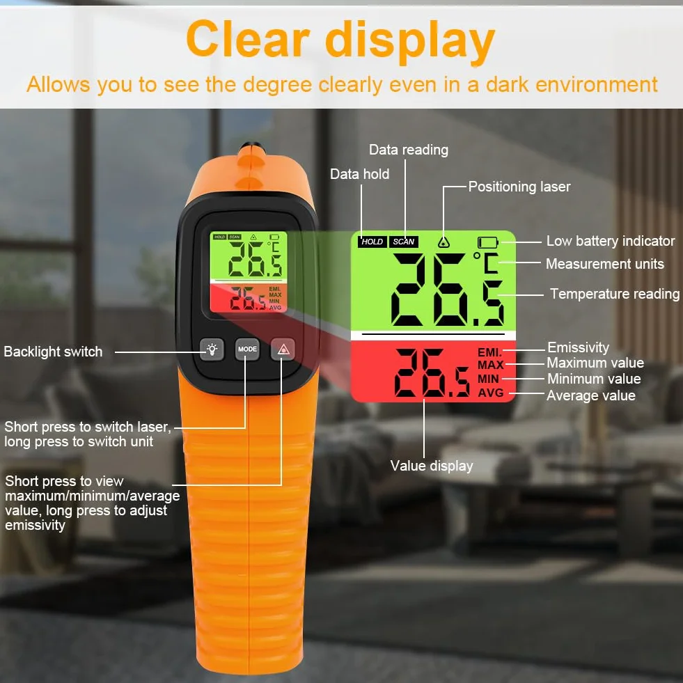 HOTUT Cyfrowy termometr na podczerwień 50°C ~ 550°C (-58°F ~ 1022°F), bezdotykowy laserowy pistolet temperaturowy z regulacją emisyjności, do gotowania/zamrażania, z termometrem do mięsa i torbą