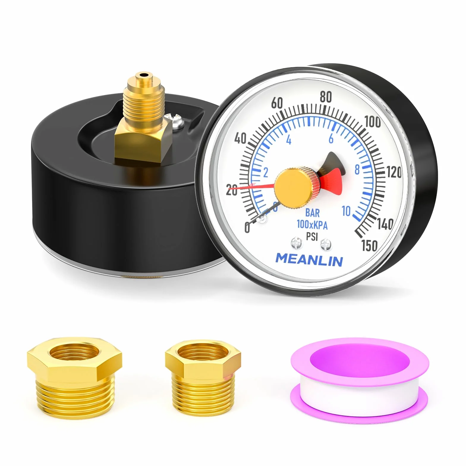 MEANLIN MEASURE 0~10 Bar/0~150Psi 2" DIAL FACE 1/4" BSP manometr pompy studni z adapterem BSP 1/2" i 3/8" BSP, dokładność 3-2-3%, z czerwonym wskaźnikiem, centralny tylny uchwyt