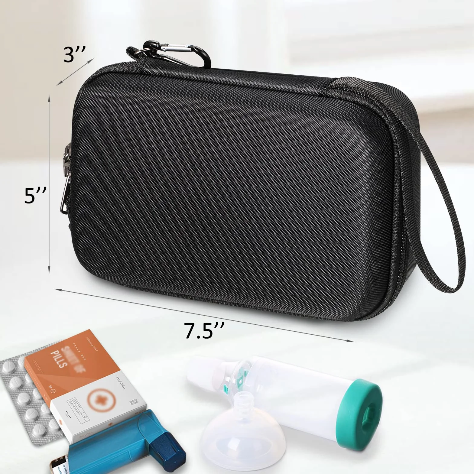 MEDMAX Tragbare Tasche für Asthma Inhalator, schützende stoßfeste Medizin-Reise-Tragetasche mit Clip und Trageriemen kompatibel mit Kammerinhalator-Abstandsmasken, Schwarz
