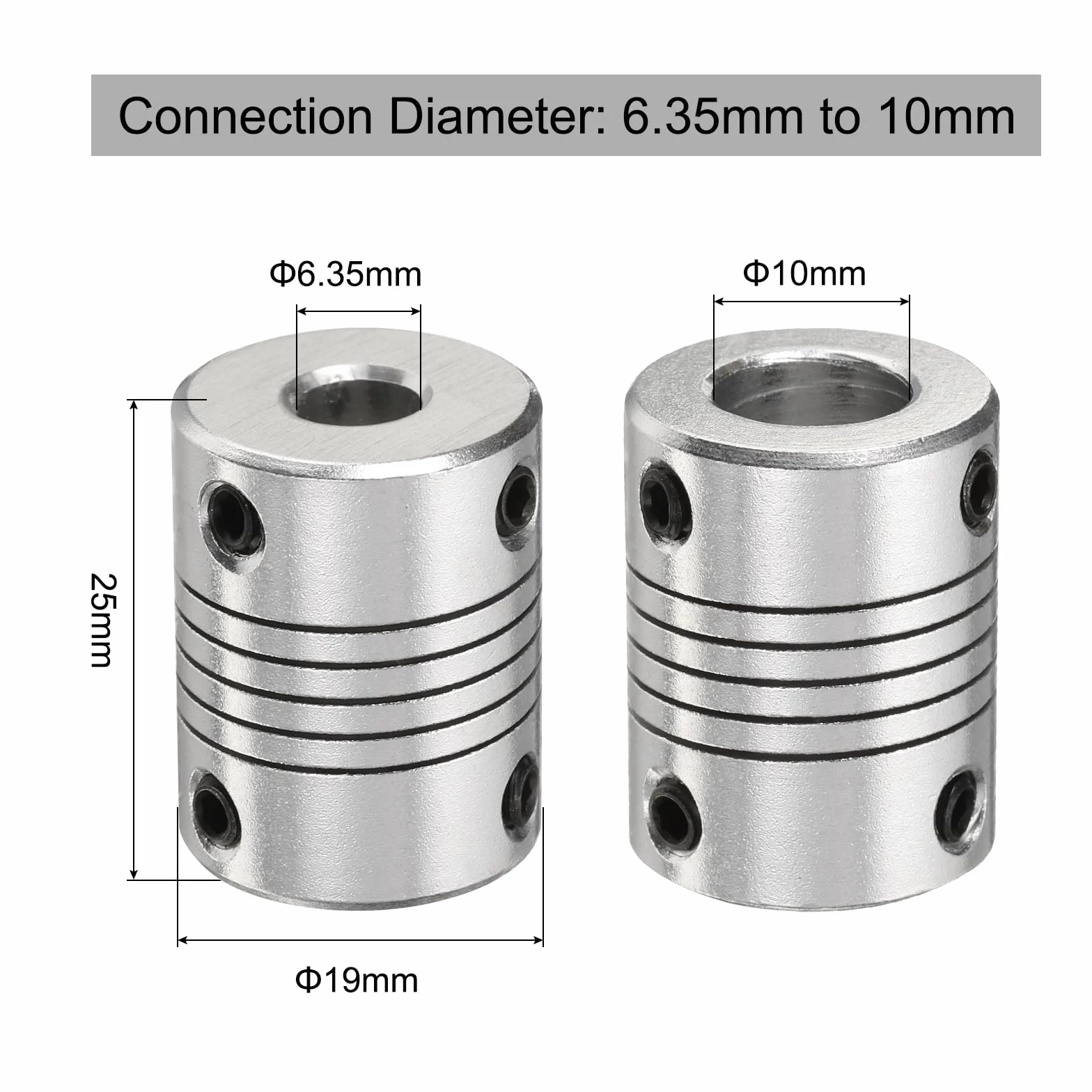 QUARKZMAN 5 sztuk stopu aluminium sprzęgło wału 6,35 mm na 10 mm, elastyczne sprzęgło złącze silnika, złącze silnika krokowego, sprzęgło do maszyny CNC i drukarki 3D (L25 x D19)