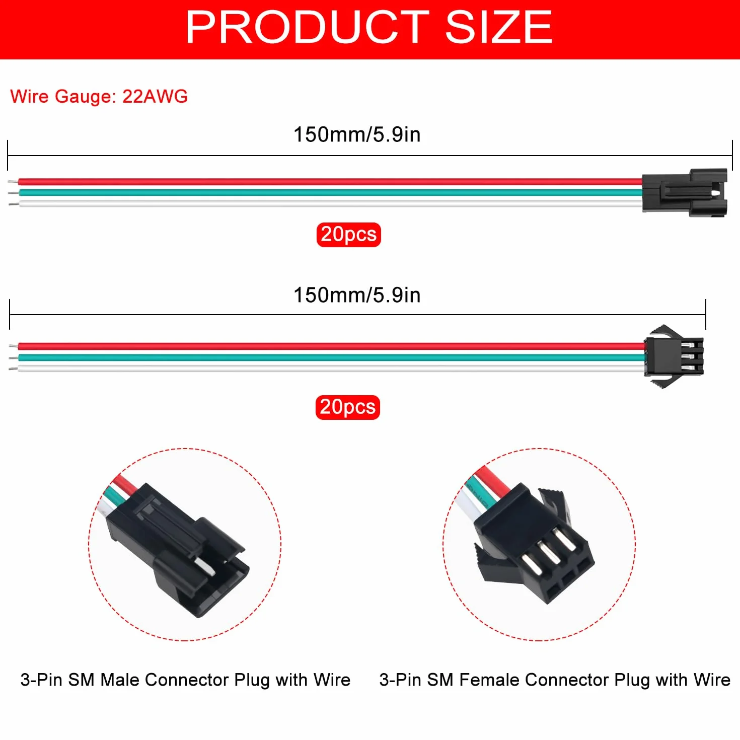 20 Par 3-Pinowych Złączy JST SM, Mini Micro JST SM 3-Pinowe Żeńskie i Męskie z Przewodem o Długości 150mm 22AWG