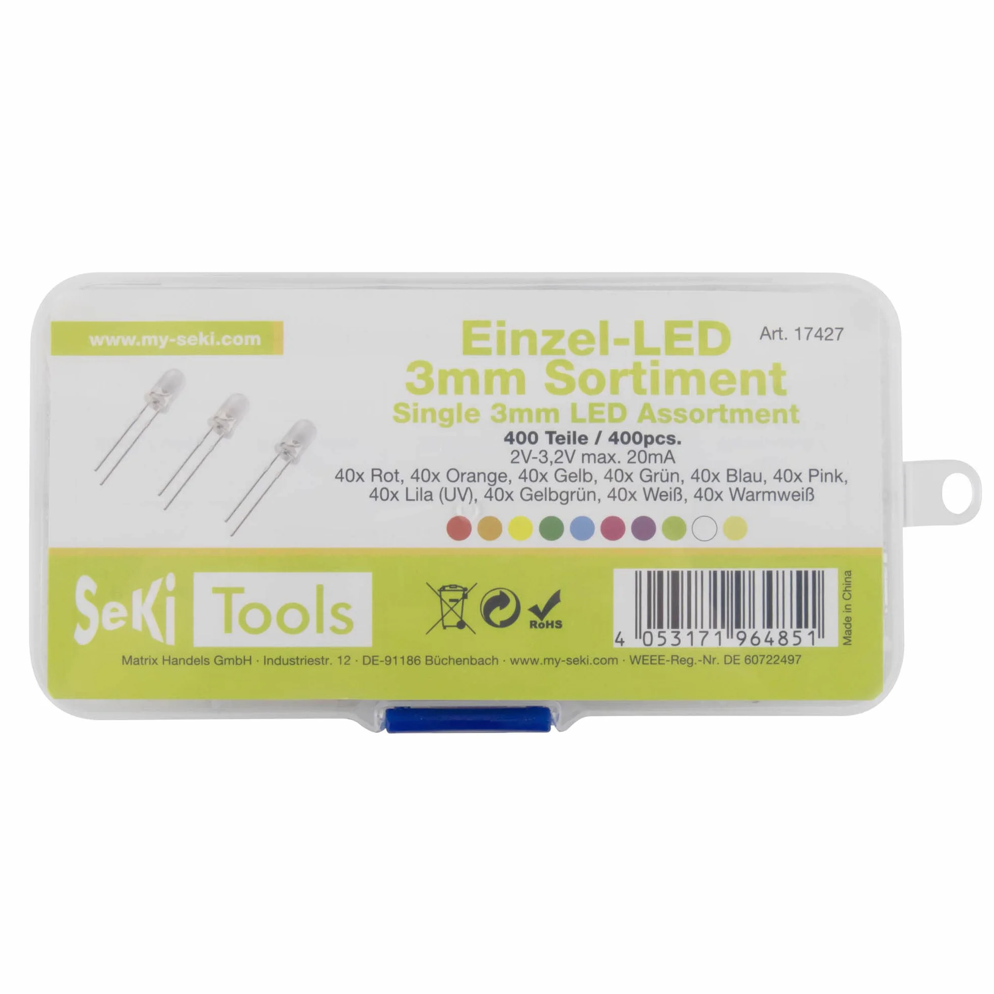 SeKi Asortyment LED z 400 diodami świecącymi 3 mm – 10 wartości; czerwony, pomarańczowy, żółty, zielony, niebieski, różowy, fioletowy (UV), żółto-zielony, biały, ciepła biel – bardzo jasny