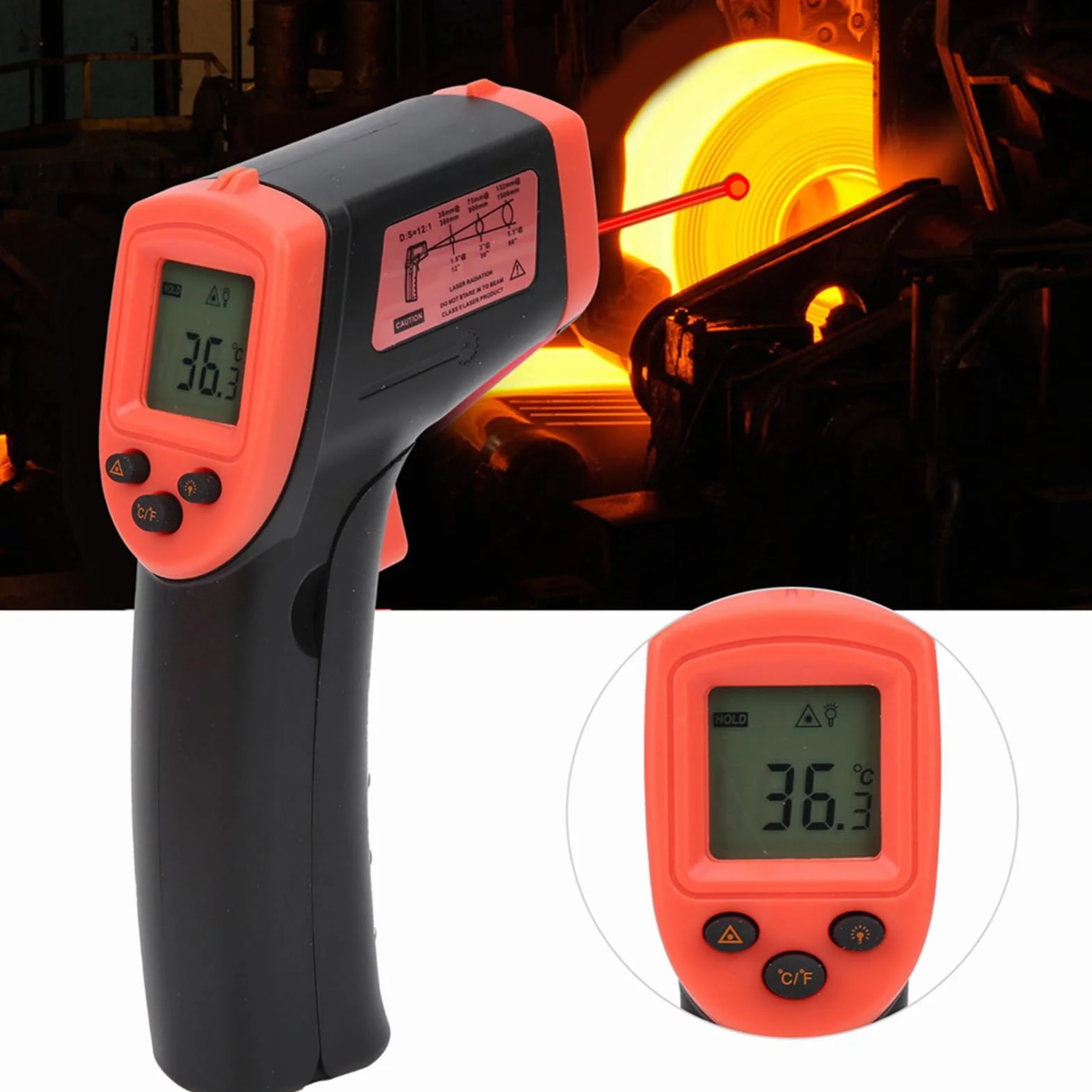 Irfora Cyfrowy Termometr na podczerwień HW600, Przenośny, Lekki, Wyświetlacz LCD z Podświetleniem, -50~600°C, Bezdotykowy Termometr do Pomiaru Temperatury, Bezdotykowy Termometr (Czerwony)