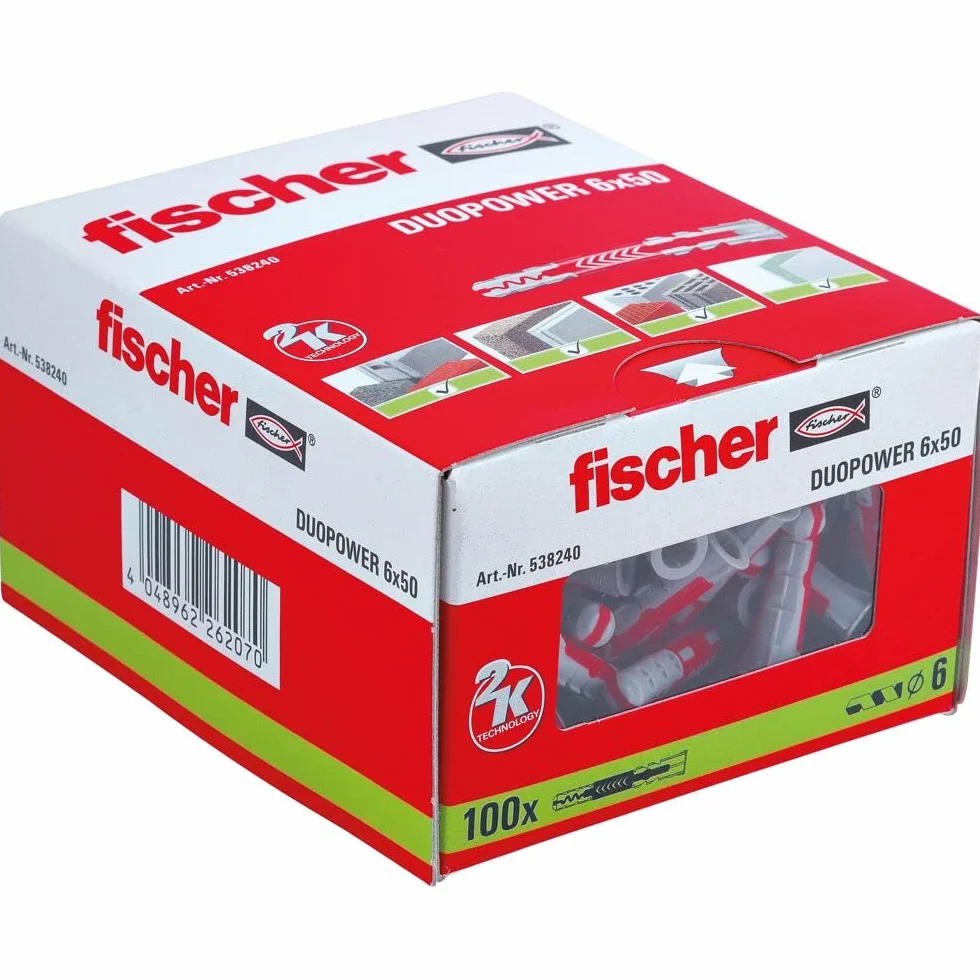 Fischer Duopower Kołki Rozporowe, Czerwony/Szary, 6 mm x 50 mm (100 Sztuk)