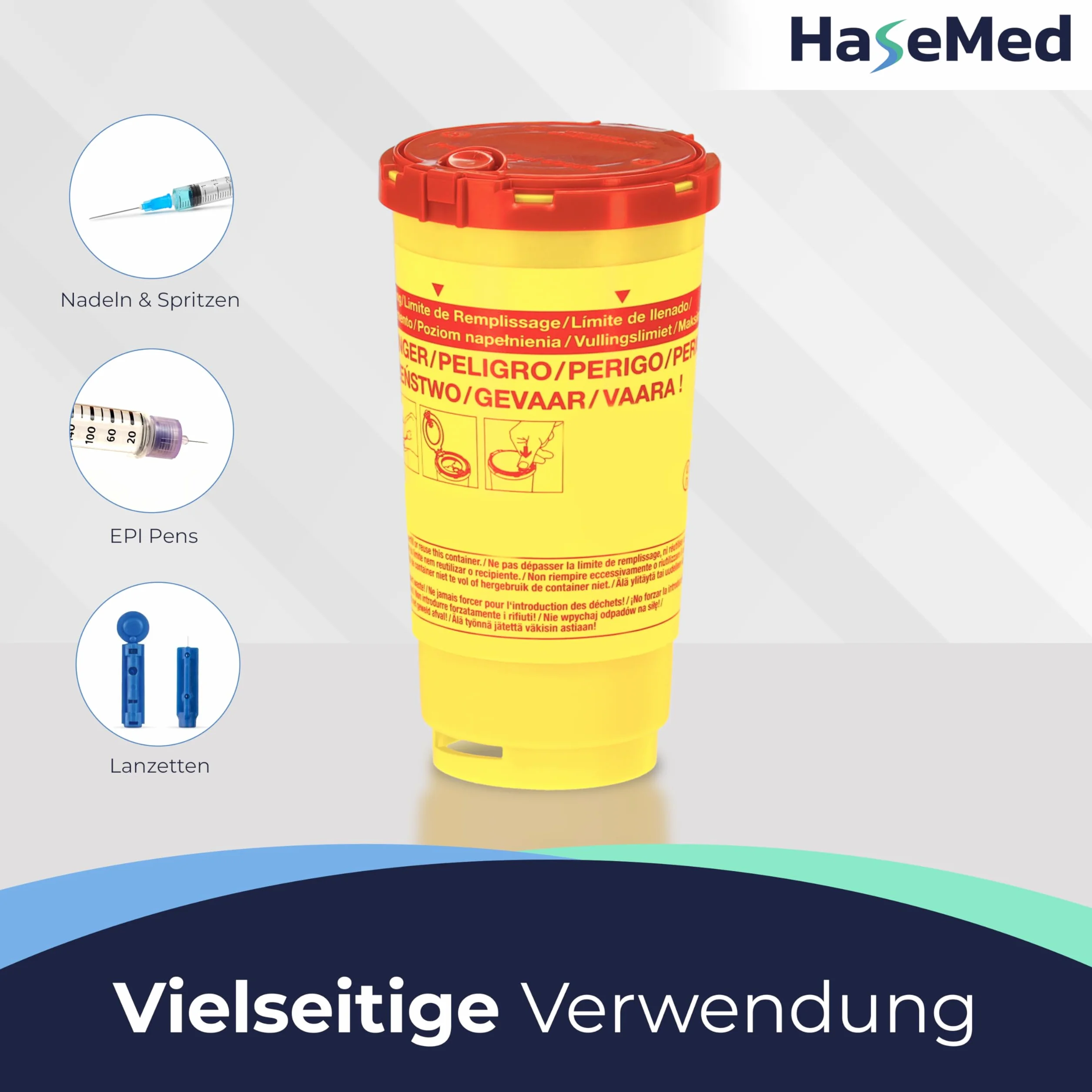 HaseMed Biohazard pojemnik na odpady z igłami, strzykawkami i ostrymi przedmiotami, bezpieczny, higieniczny, z czerwoną pokrywką, do klinik i placówek opieki (500 ml)